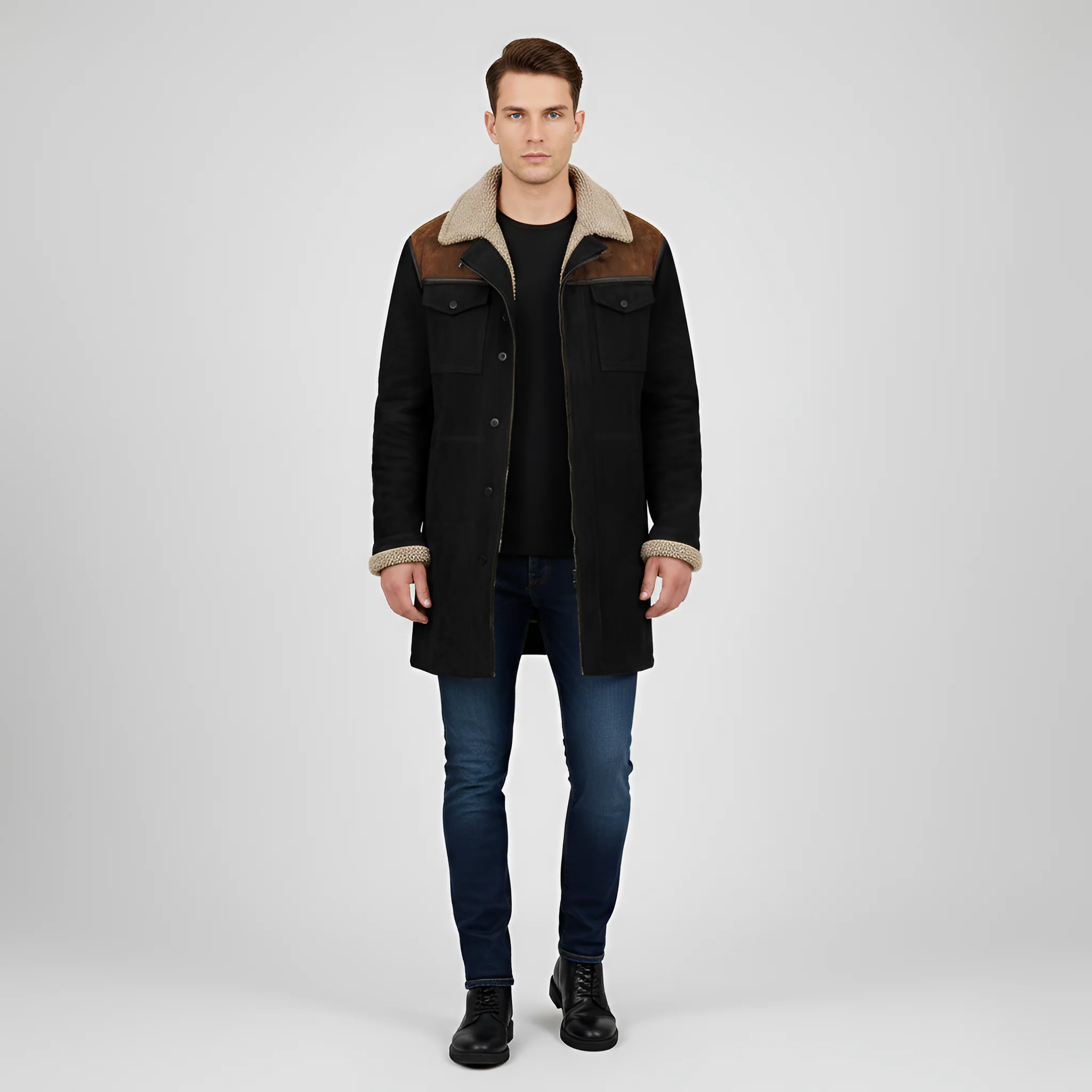 Valerios Fashion giacca uomo foderata in pile con colletto shearling e bottoni - Image 5