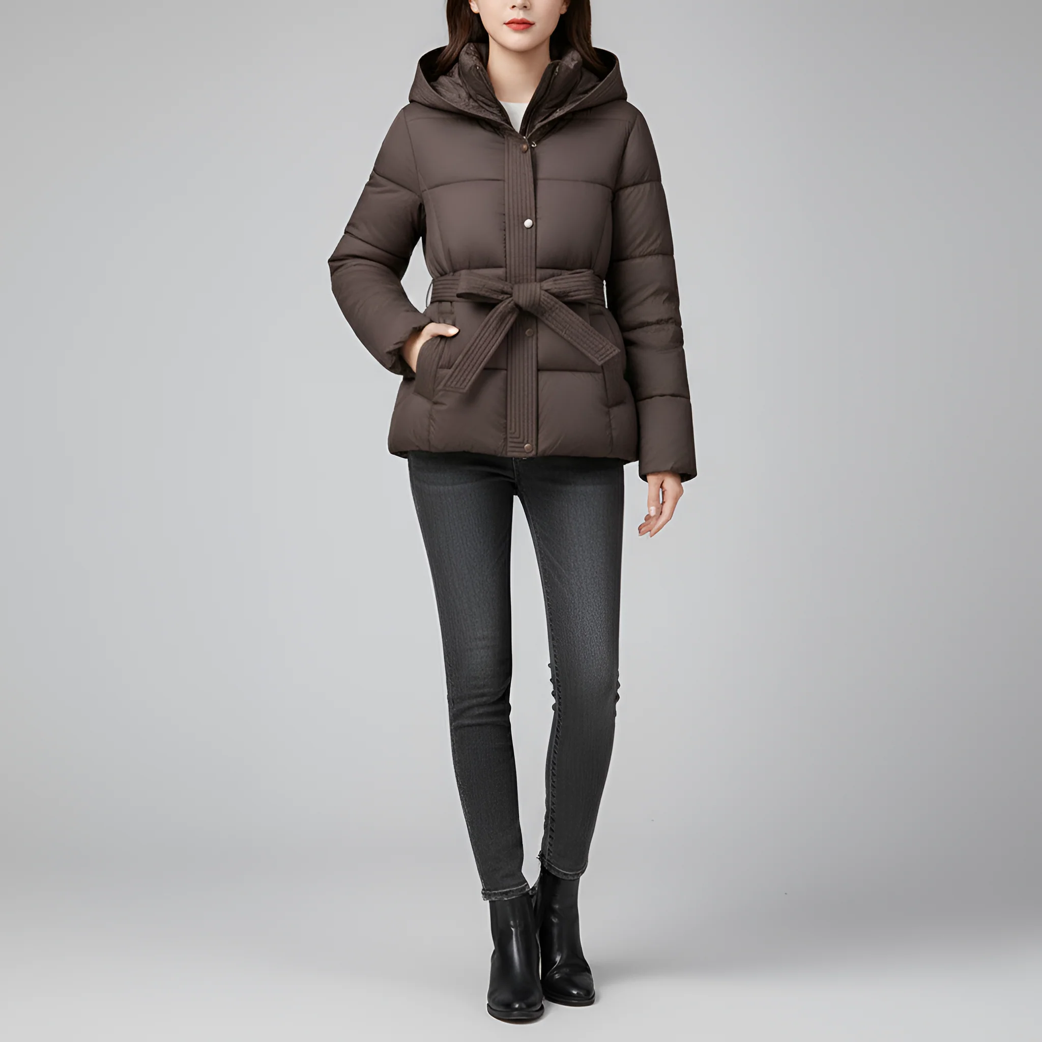 Valerios Fashion piumino donna con cappuccio e cintura imbottito invernale - Image 6