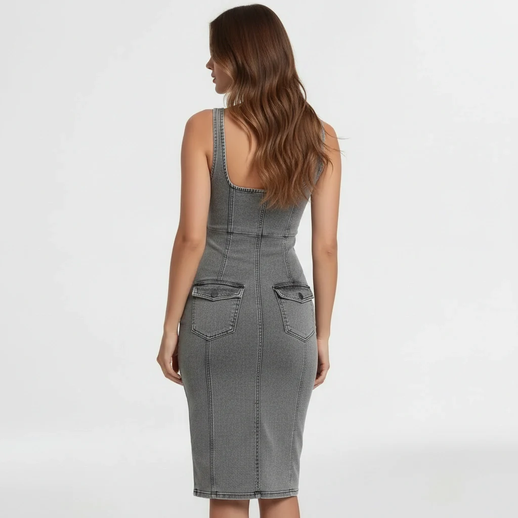 Vestito aderente donna in denim midi con spacco e zip frontale stile bodycon - Image 3