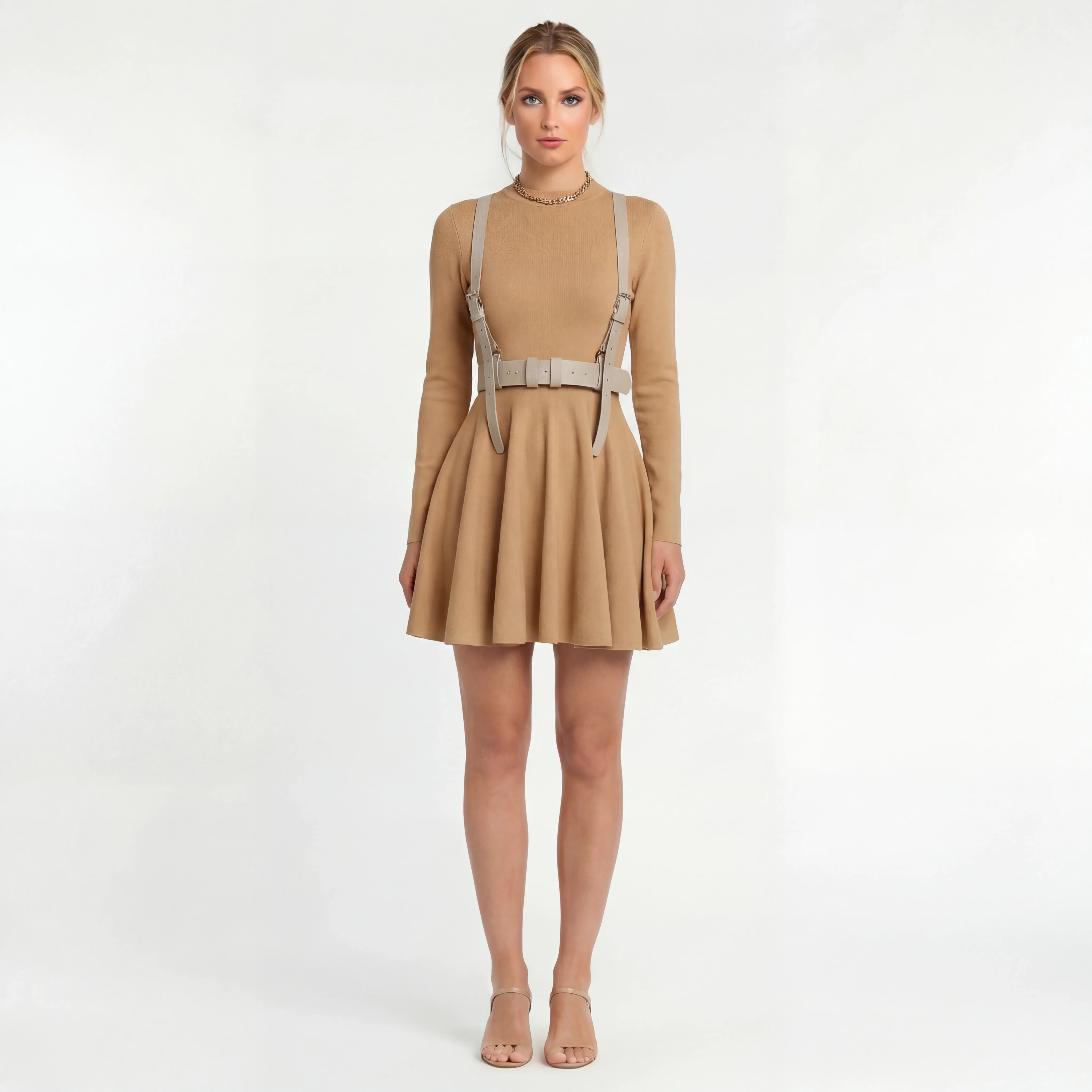 Vestito corto donna a maniche lunghe con gonna svasata abito casual elegante - Image 4