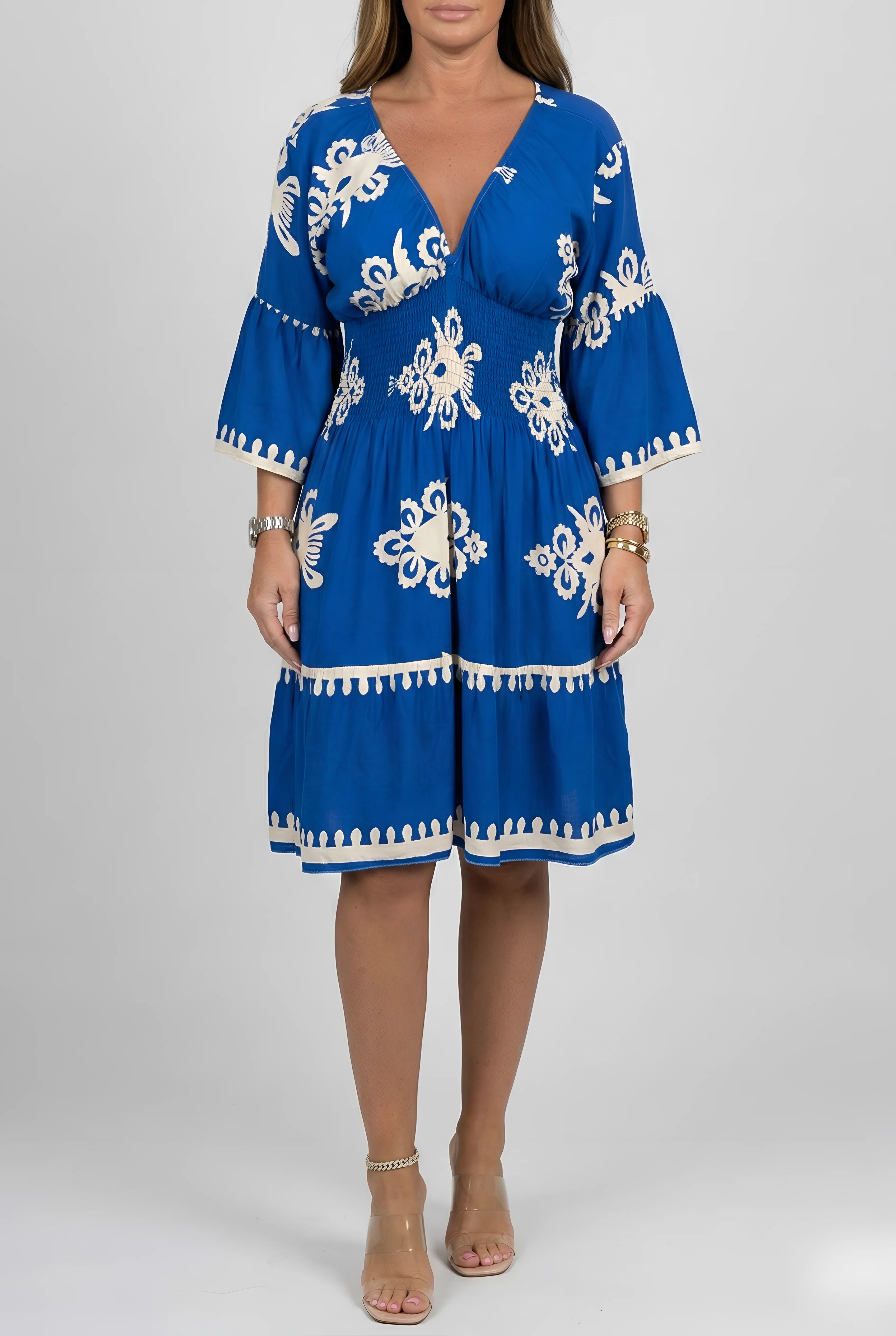 Vestito corto donna con scollo a V e maniche ampie stampa floreale elegante - Image 5