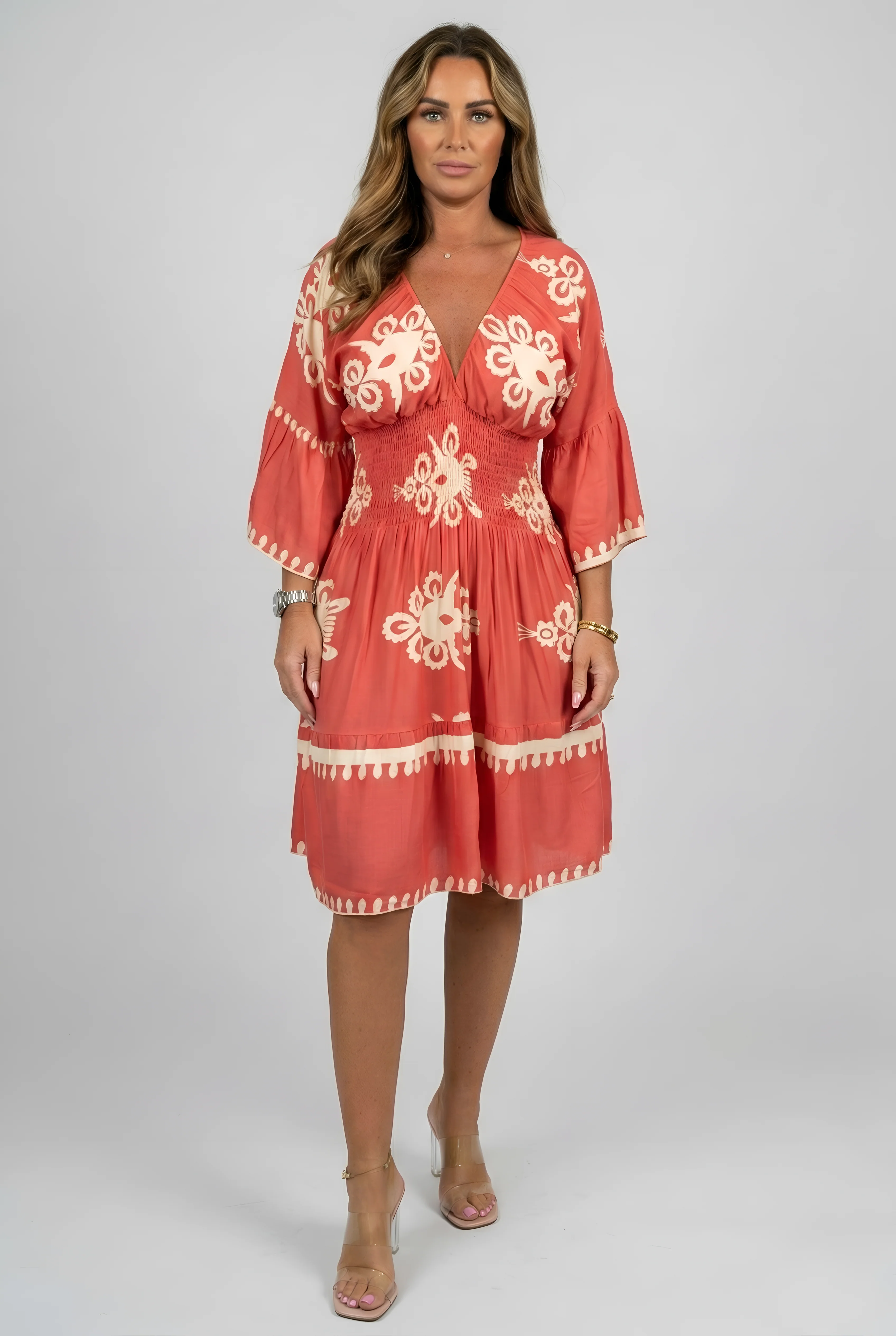 Vestito corto donna con scollo a V e maniche ampie stampa floreale elegante - Image 6