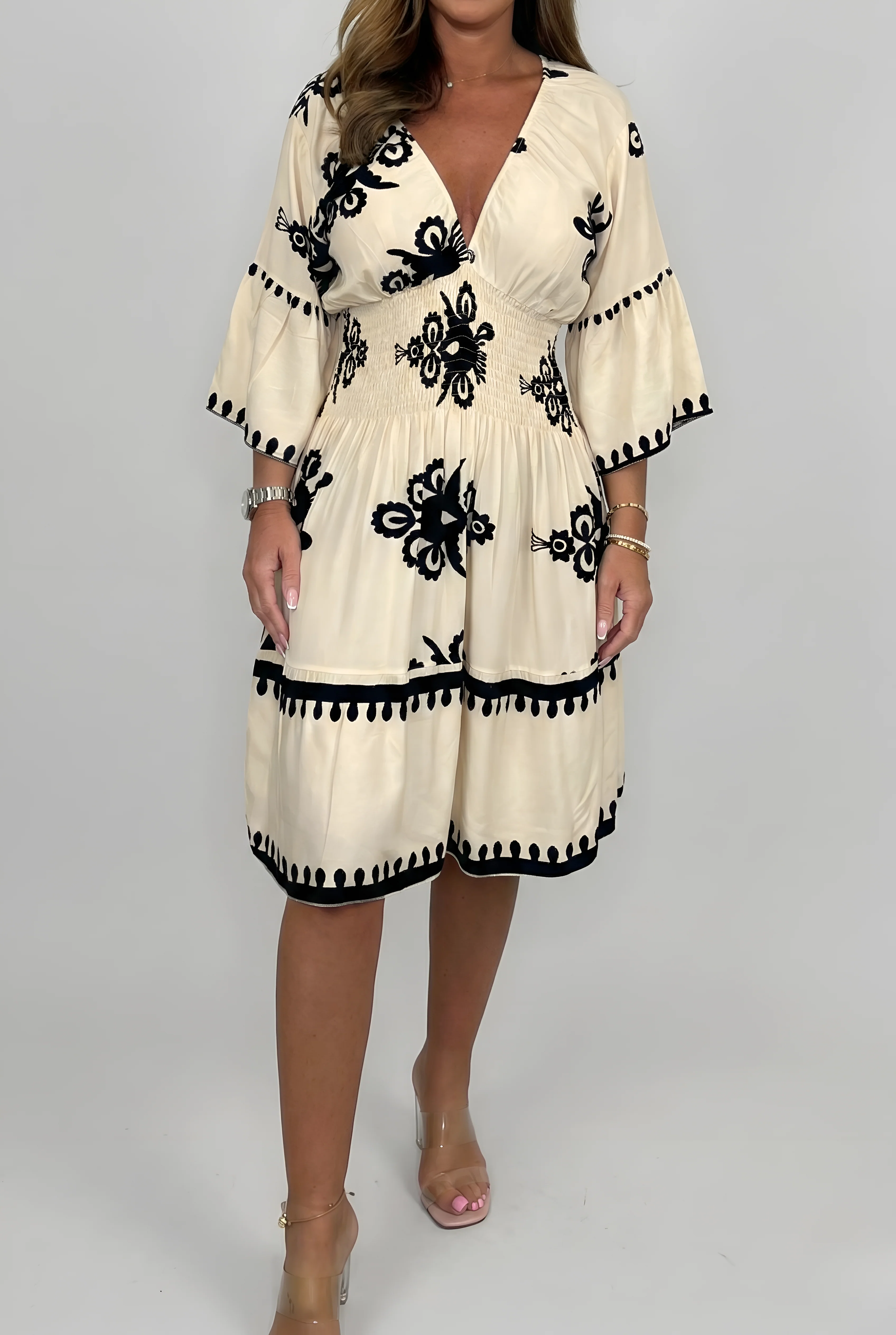 Vestito corto donna con scollo a V e maniche ampie stampa floreale elegante - Image 7