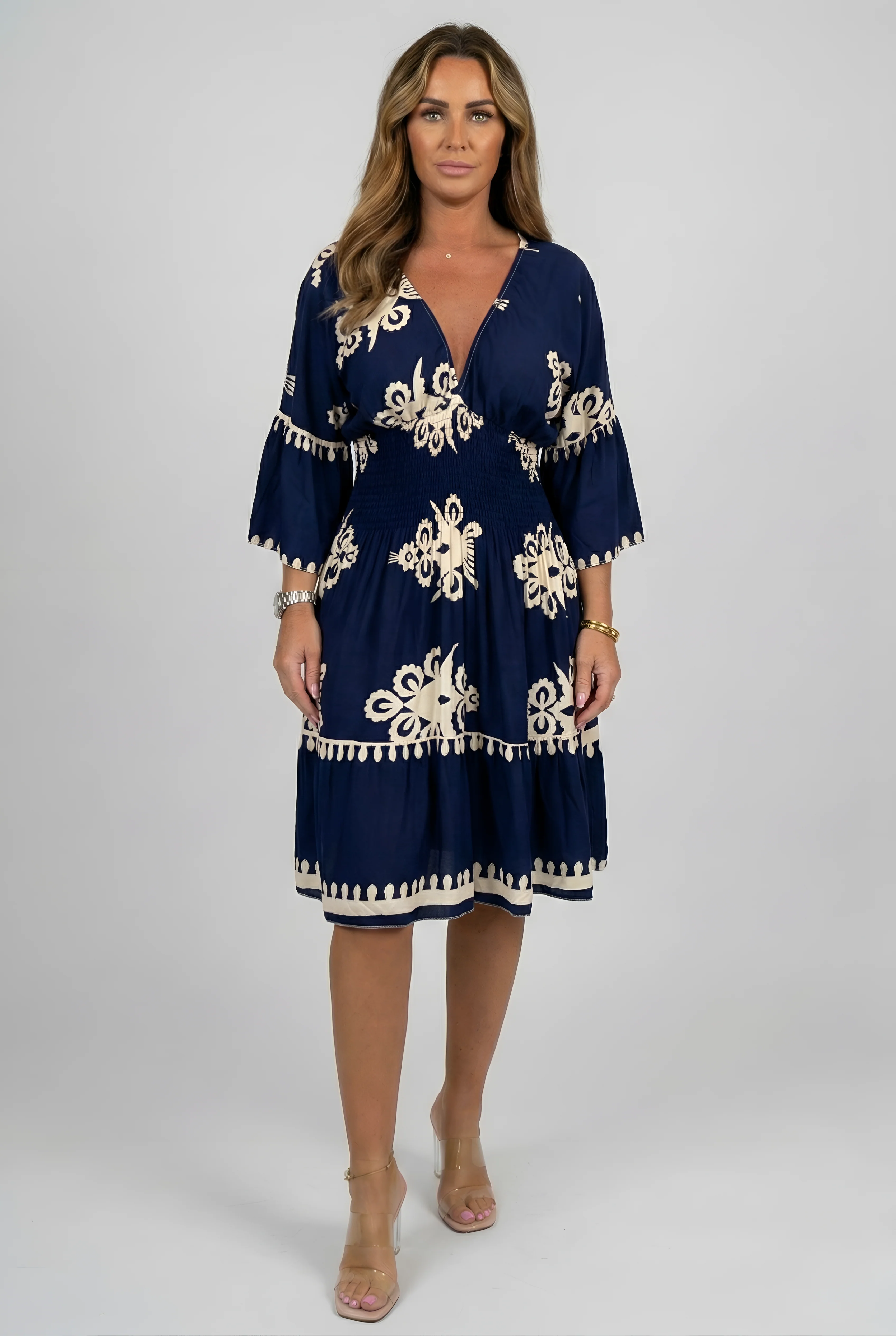 Vestito corto donna con scollo a V e maniche ampie stampa floreale elegante - Image 8