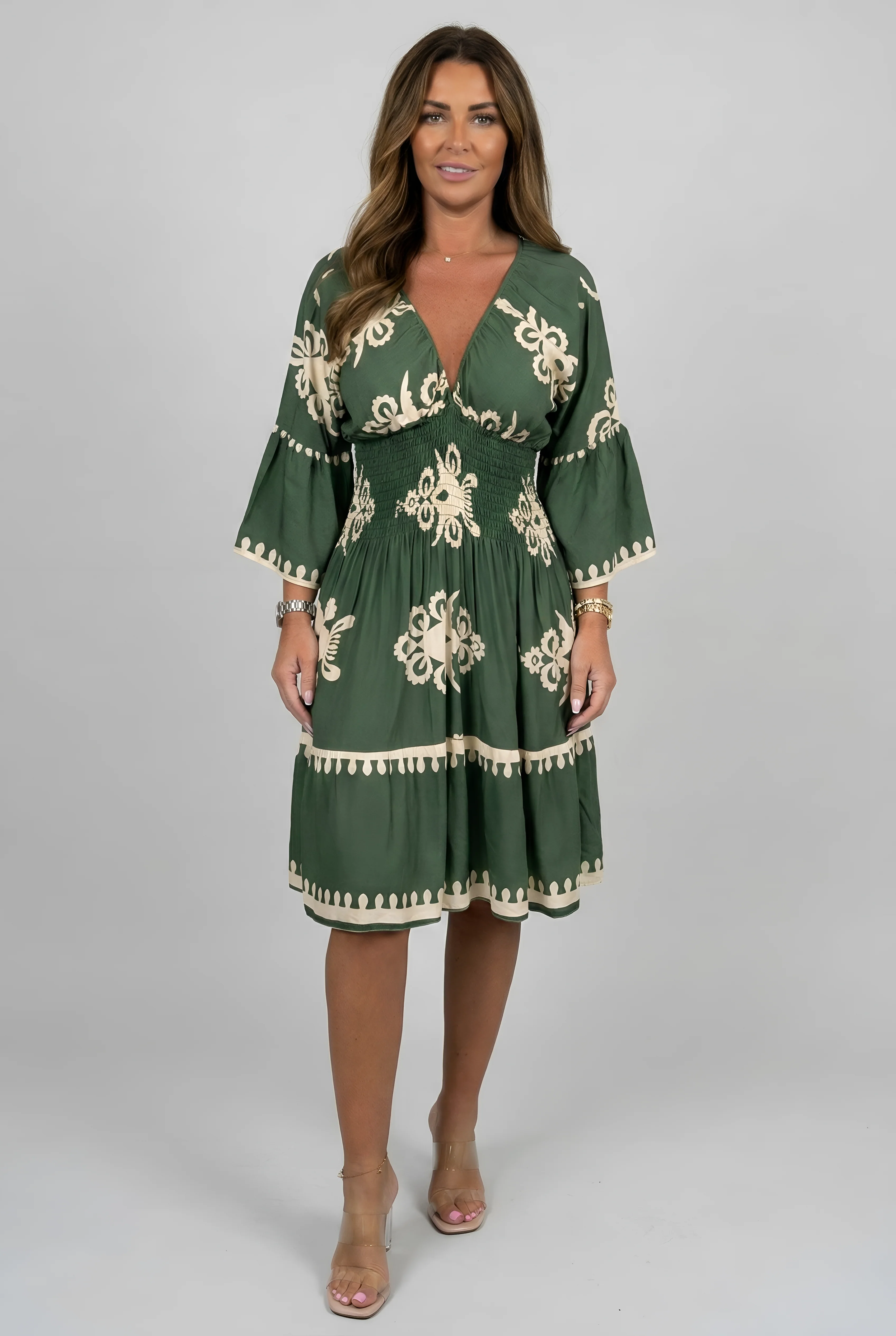 Vestito corto donna con scollo a V e maniche ampie stampa floreale elegante - Image 9