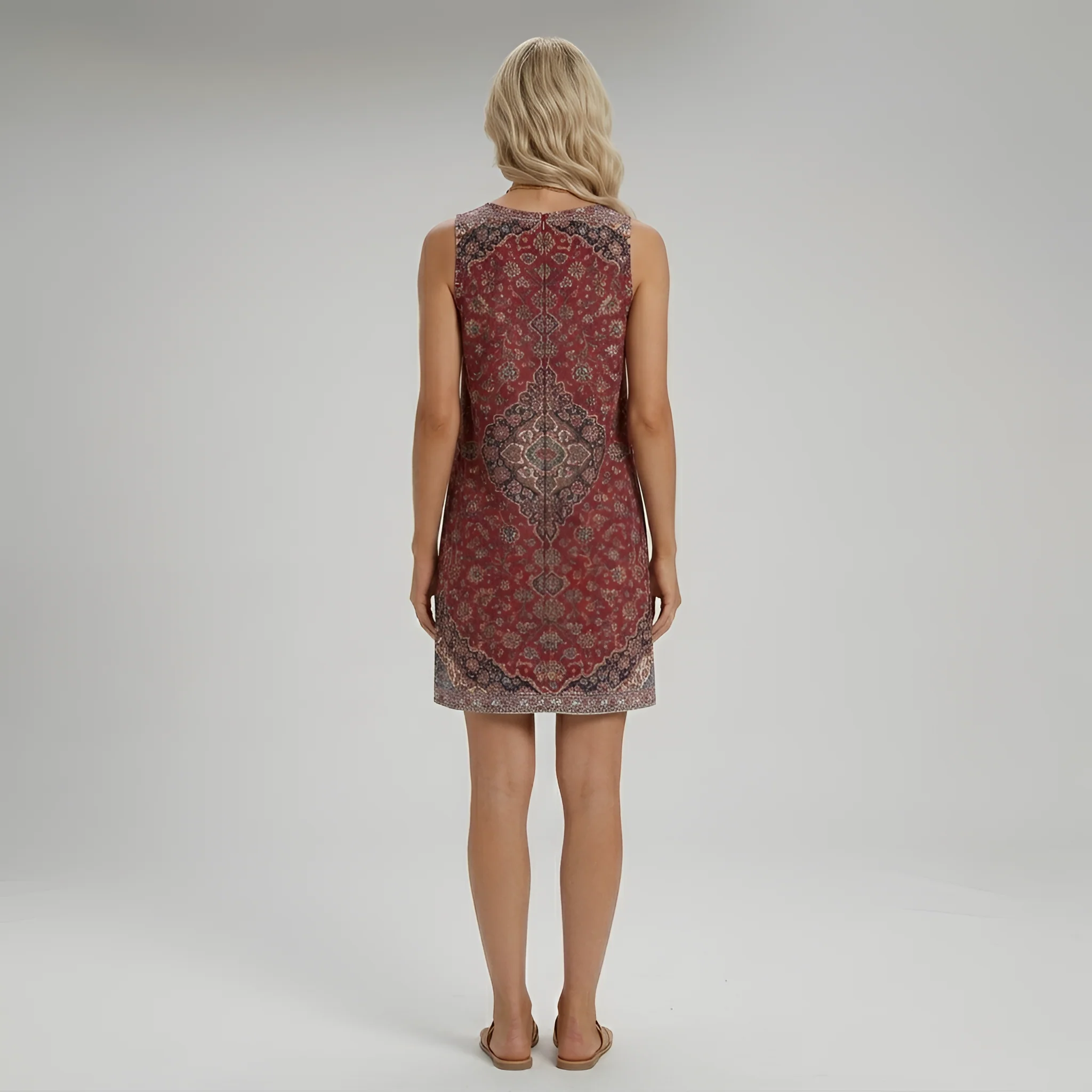 Vestito corto donna fantasia etnica senza maniche scollo rotondo abito casual estivo - Image 3