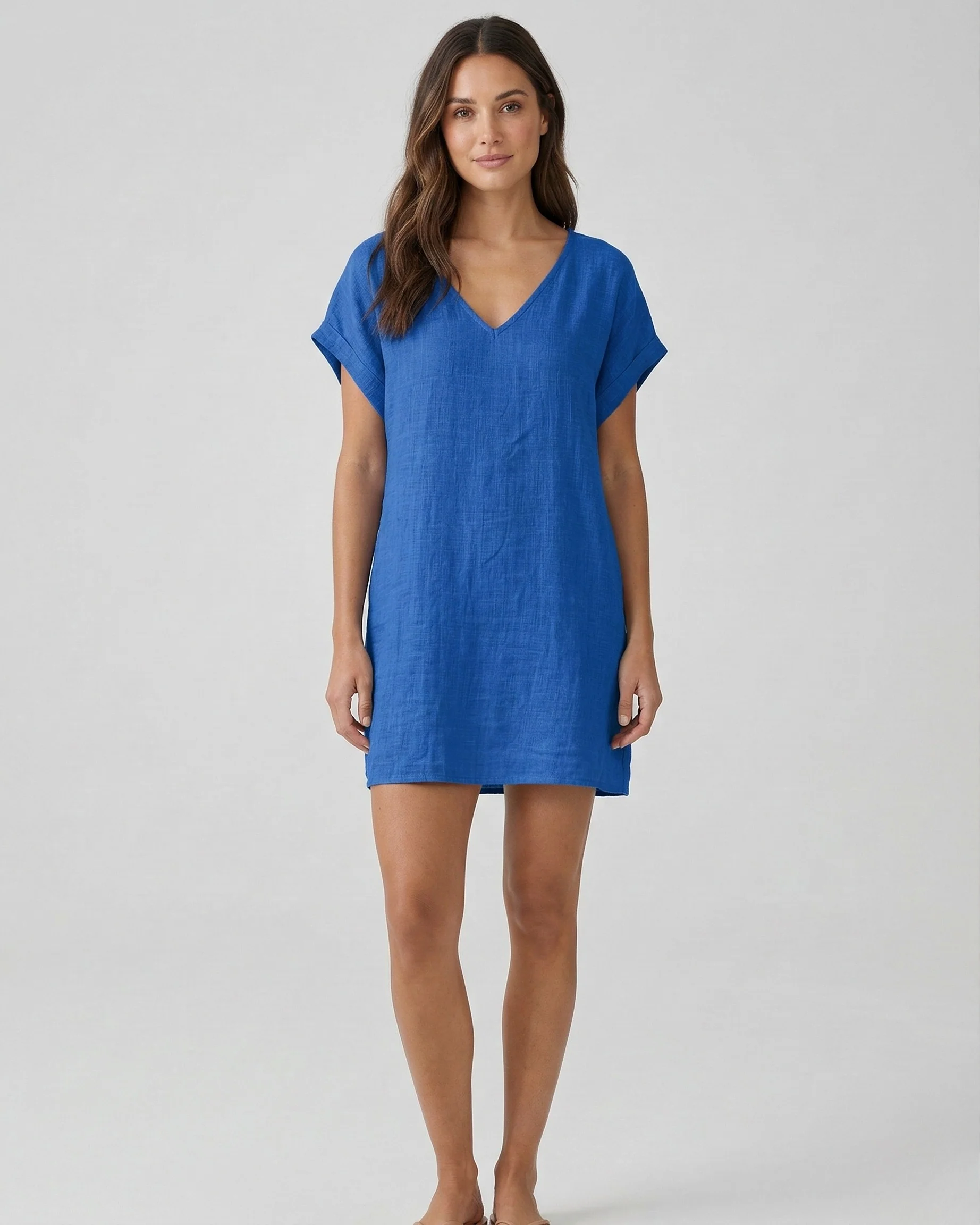 Vestito corto donna in lino scollo a V maniche corte abito casual estivo donna
