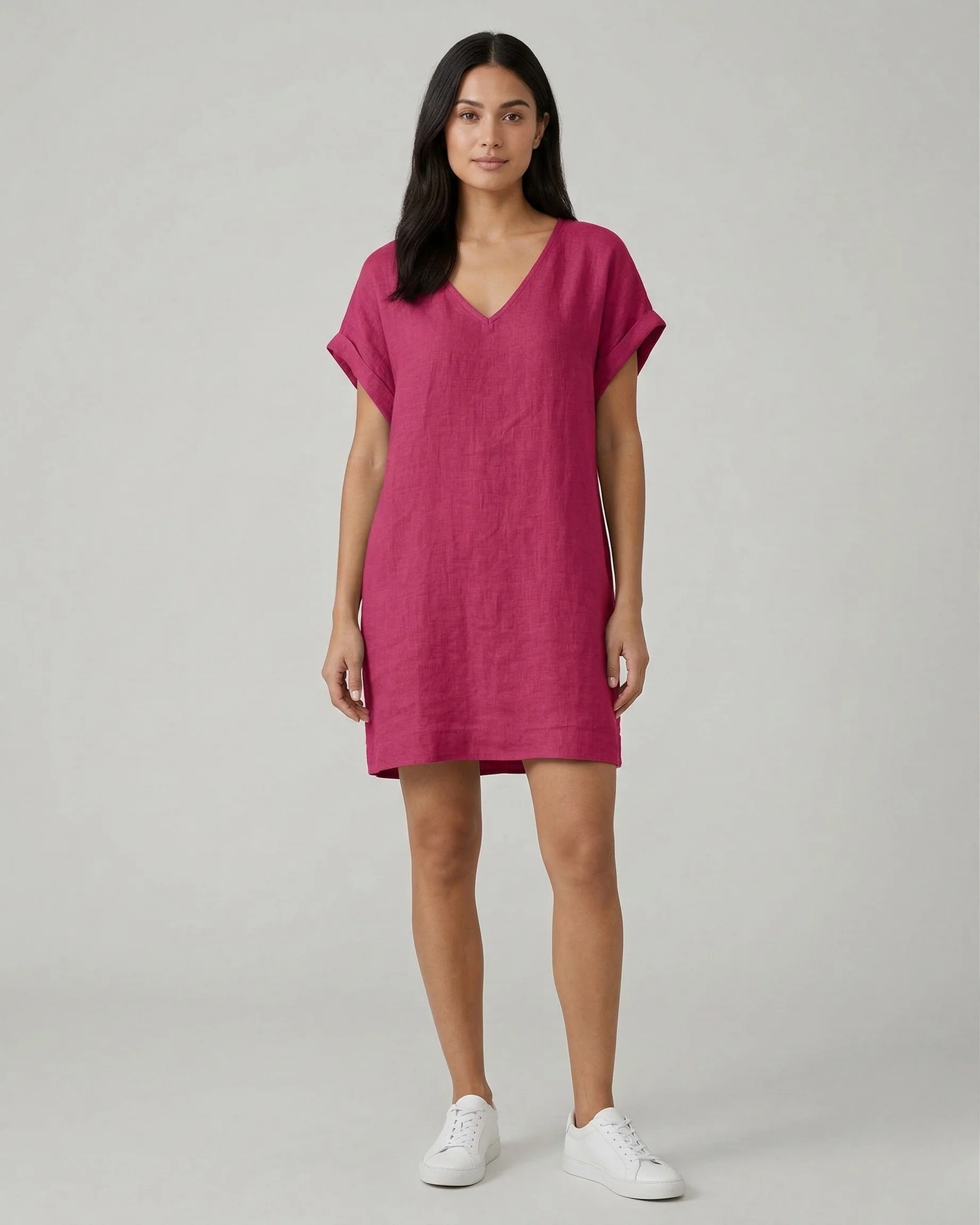 Vestito corto donna in lino scollo a V maniche corte abito casual estivo donna - Image 4