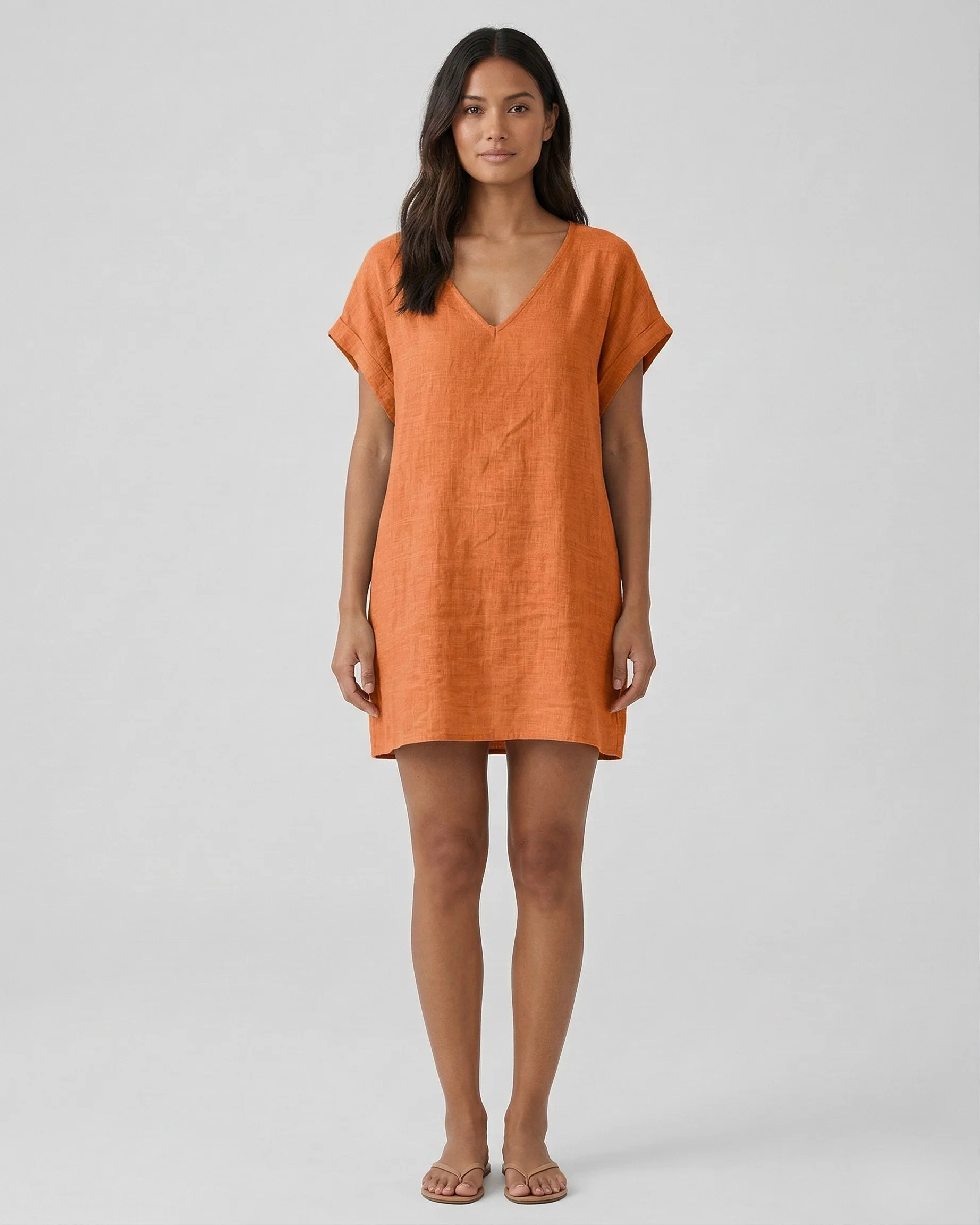 Vestito corto donna in lino scollo a V maniche corte abito casual estivo donna - Image 7