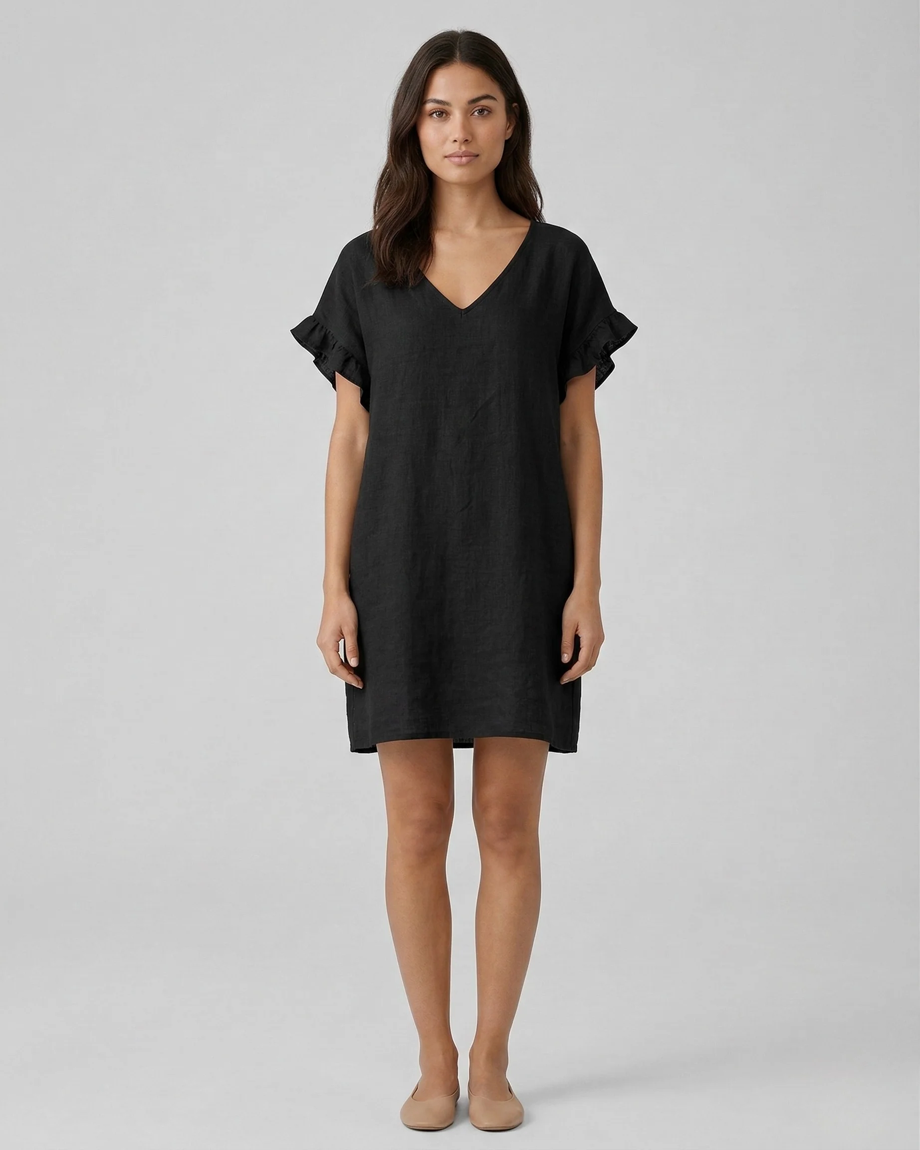 Vestito corto donna in lino scollo a V maniche corte abito casual estivo donna - Image 8