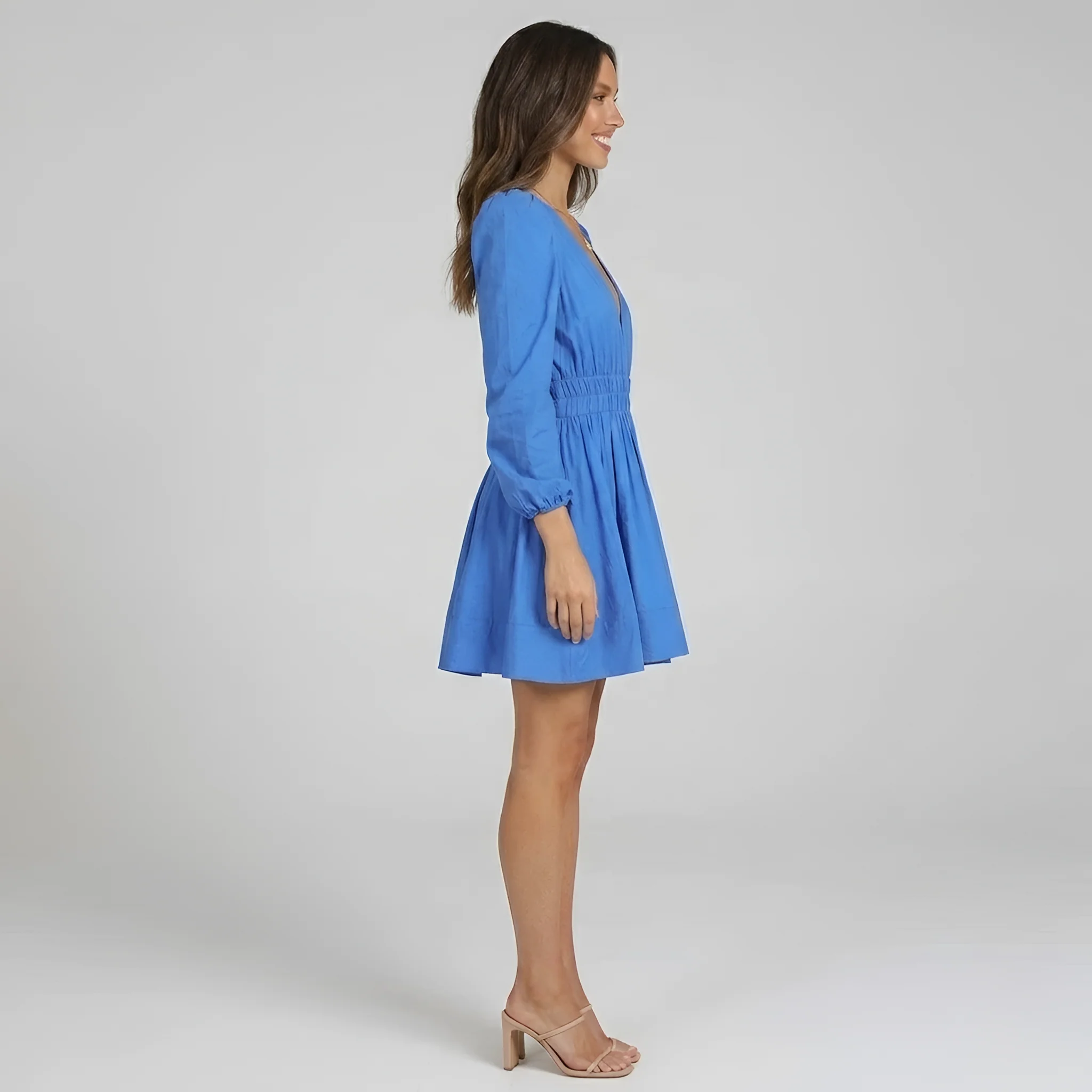 Vestito corto donna scollo profondo maniche lunghe vita alta abito elegante donna - Image 2