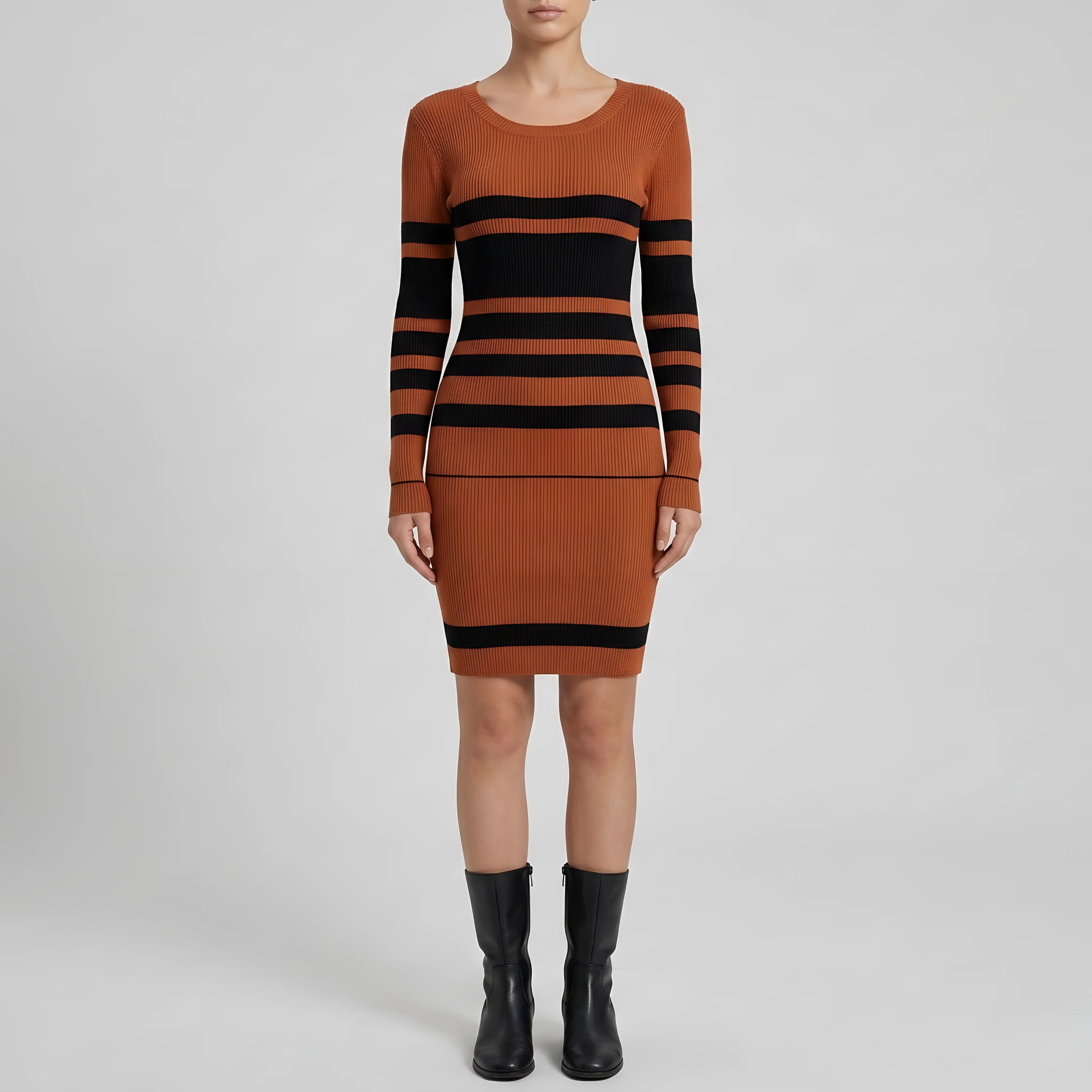 Vestito Donna Aderente a Righe in Maglia con Maniche Lunghe Abito Corto