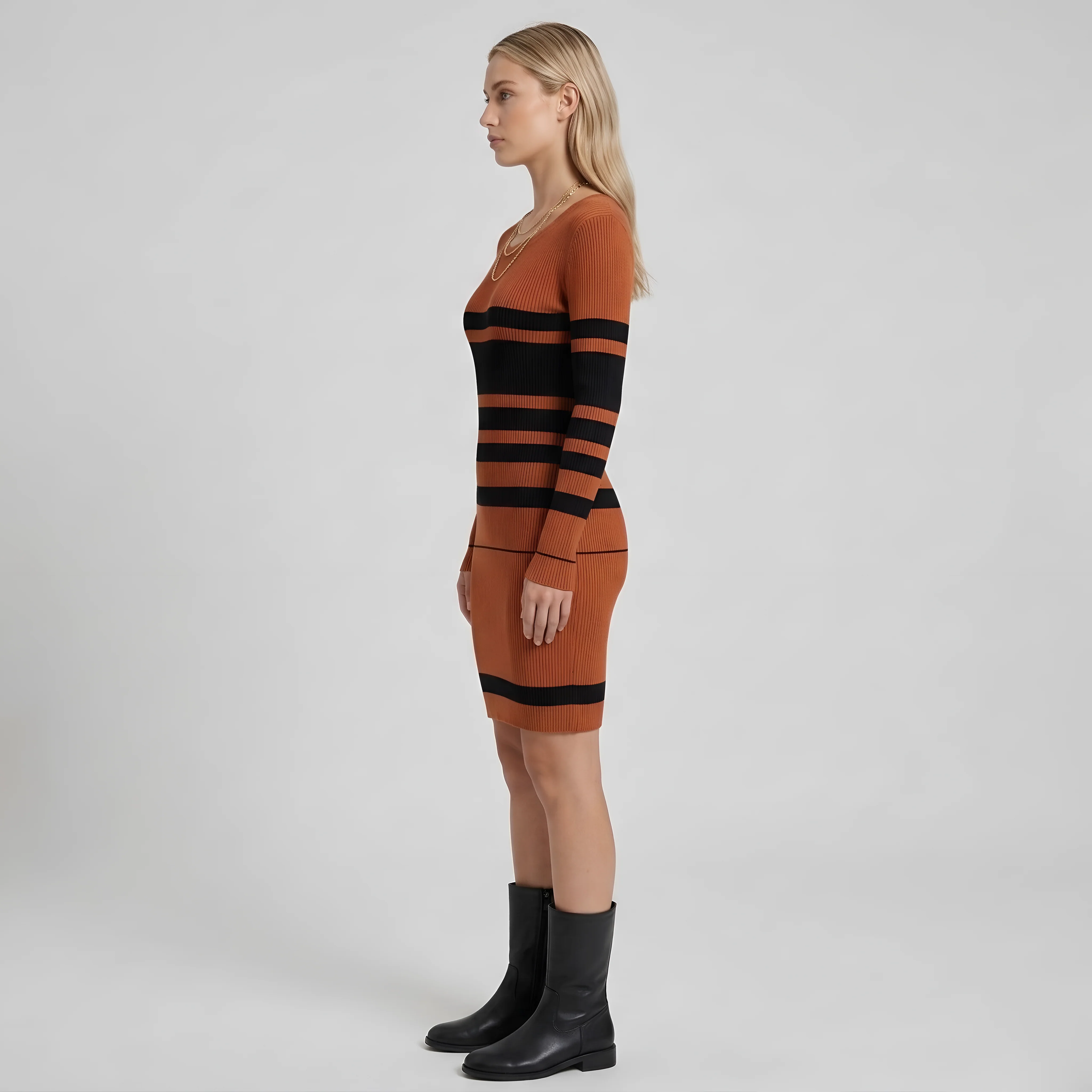 Vestito Donna Aderente a Righe in Maglia con Maniche Lunghe Abito Corto - Image 2