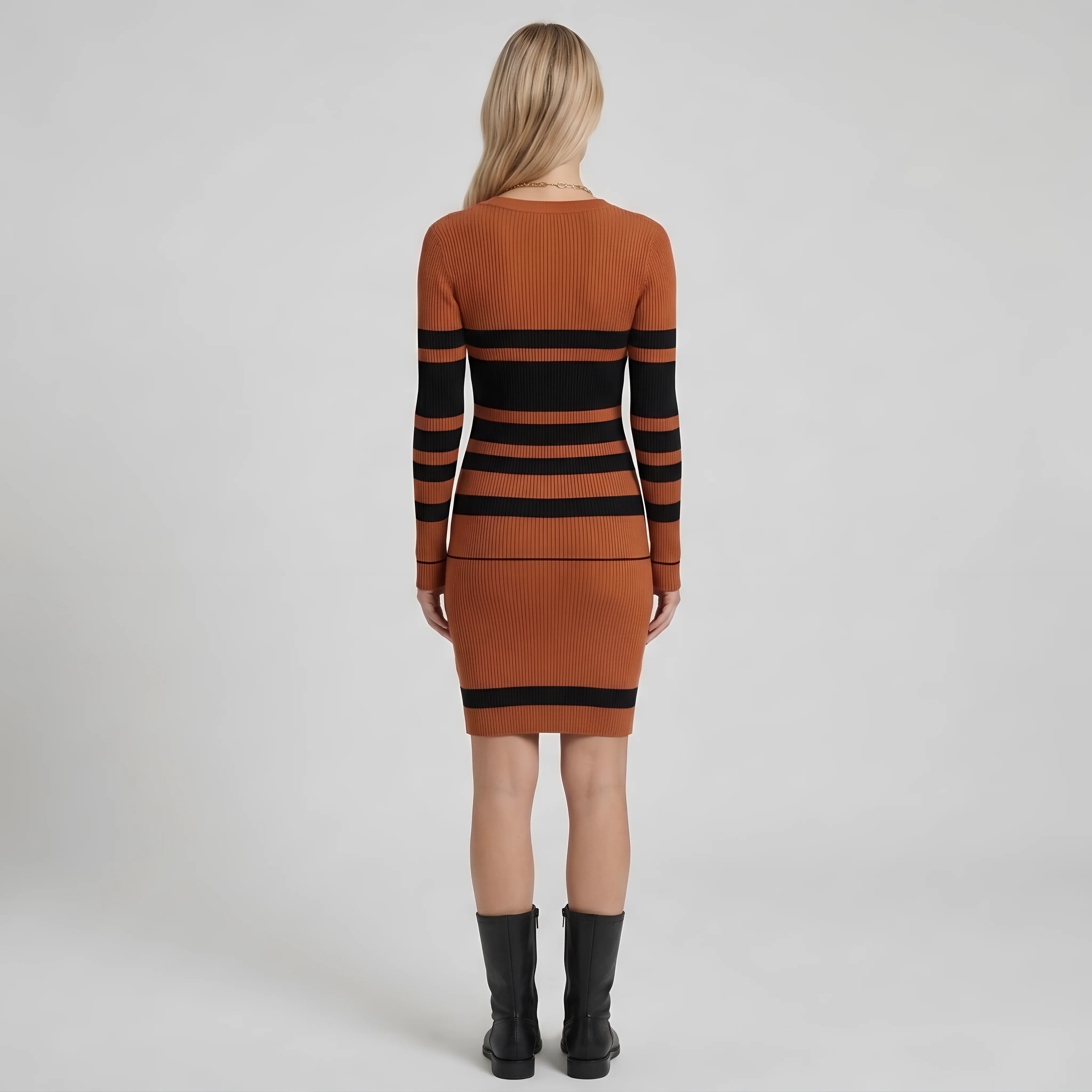 Vestito Donna Aderente a Righe in Maglia con Maniche Lunghe Abito Corto - Image 3