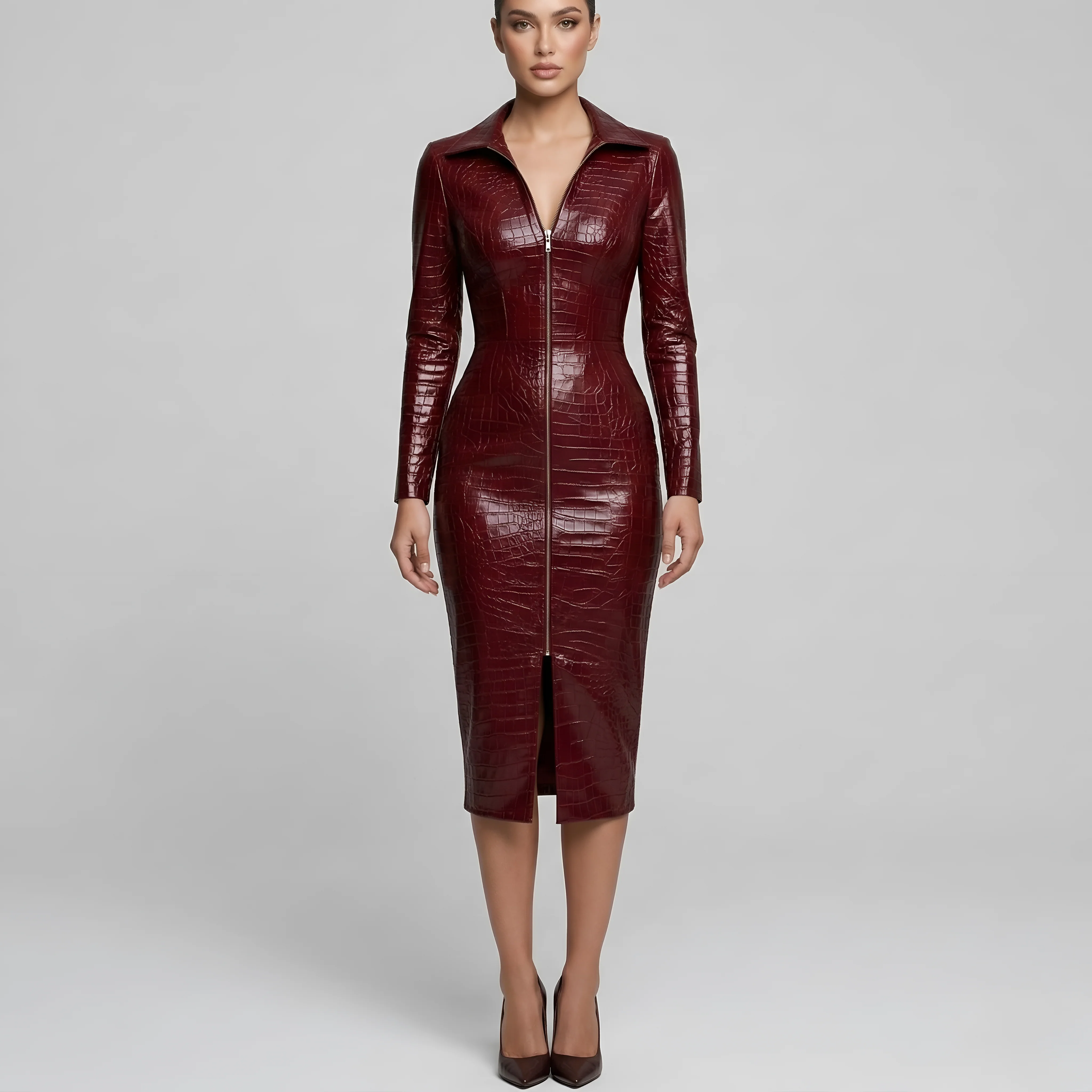 Vestito Donna Aderente Effetto Pelle con Zip Frontale e Maniche Lunghe Abito Midi
