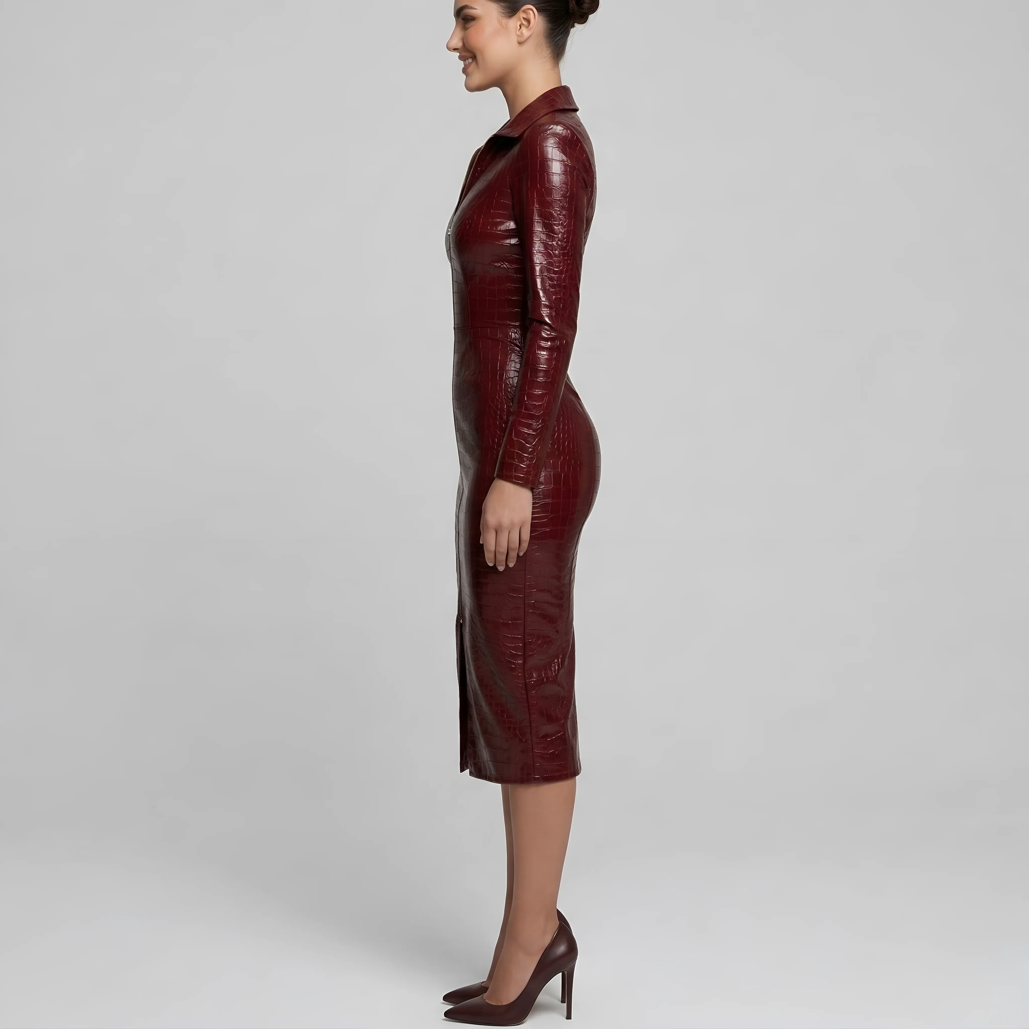 Vestito Donna Aderente Effetto Pelle con Zip Frontale e Maniche Lunghe Abito Midi - Image 2