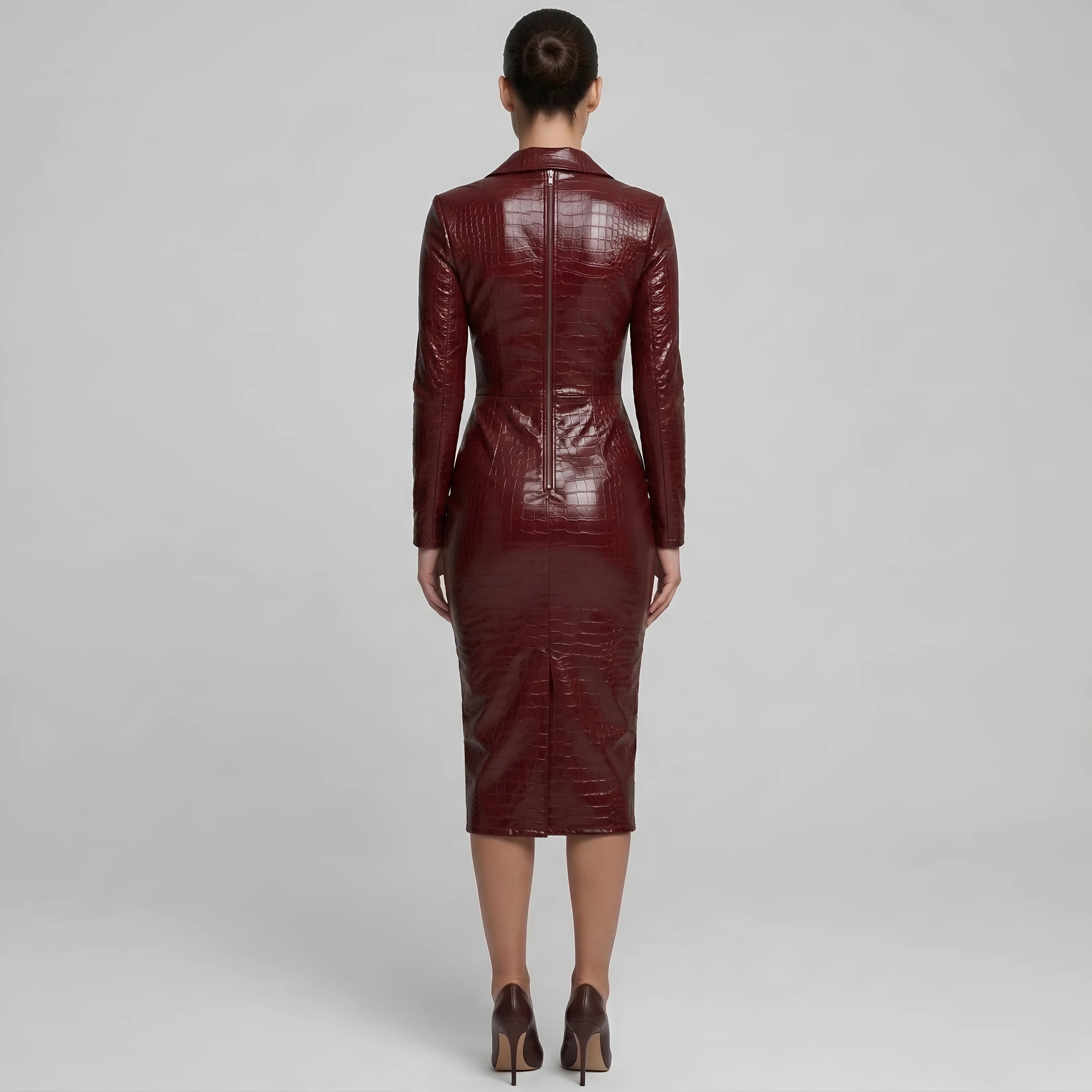 Vestito Donna Aderente Effetto Pelle con Zip Frontale e Maniche Lunghe Abito Midi - Image 3