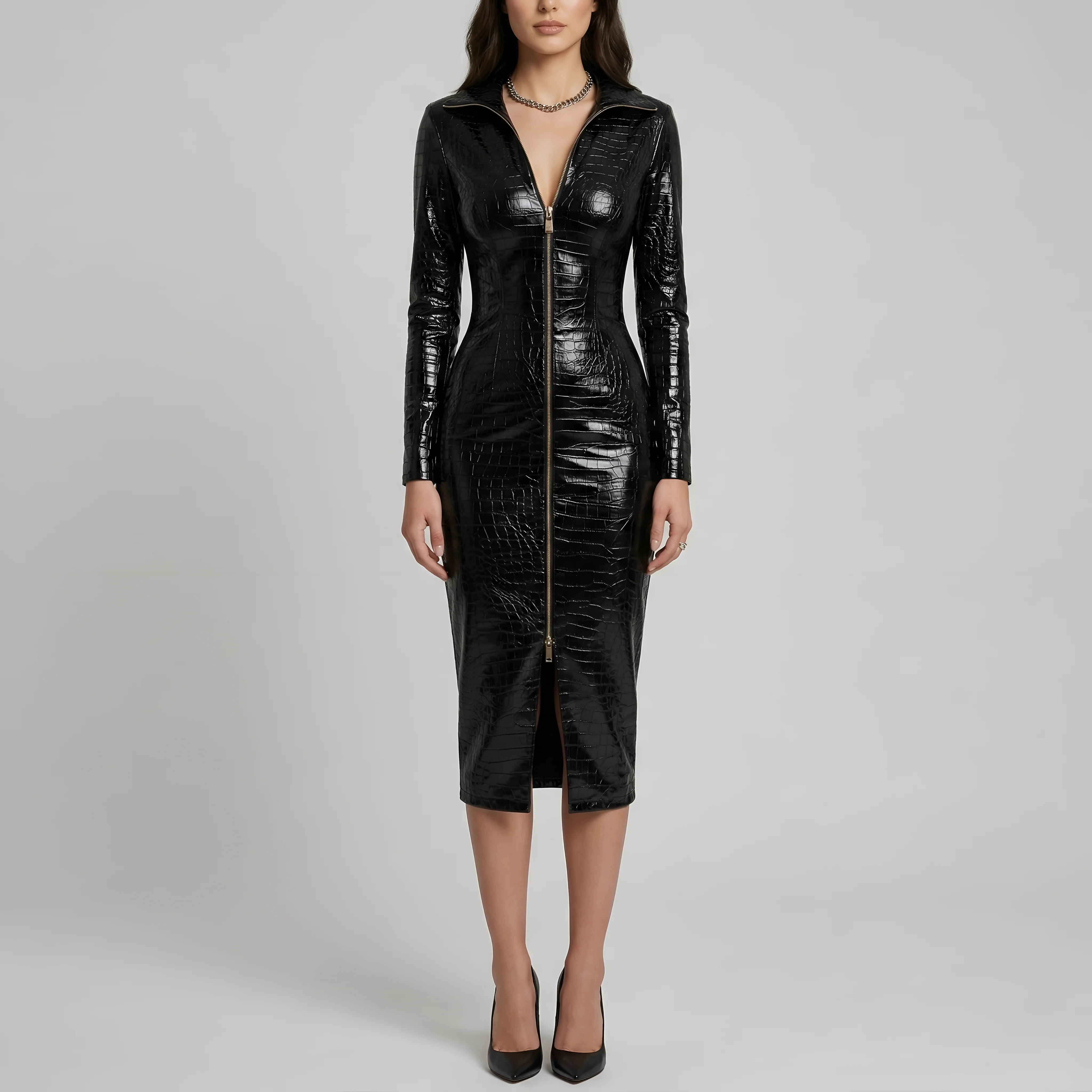 Vestito Donna Aderente Effetto Pelle con Zip Frontale e Maniche Lunghe Abito Midi - Image 4