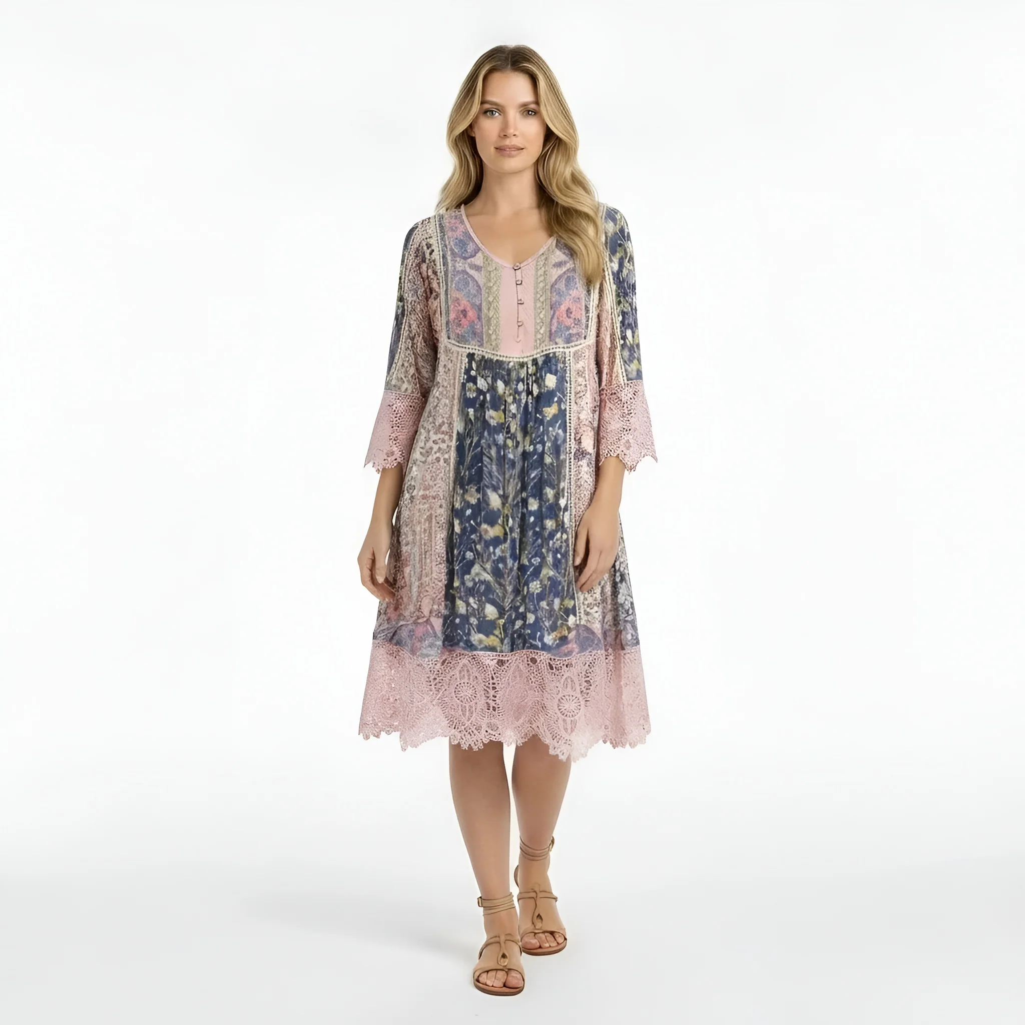 Vestito donna corto floreale manica lunga abito casual ampio scollo V boho