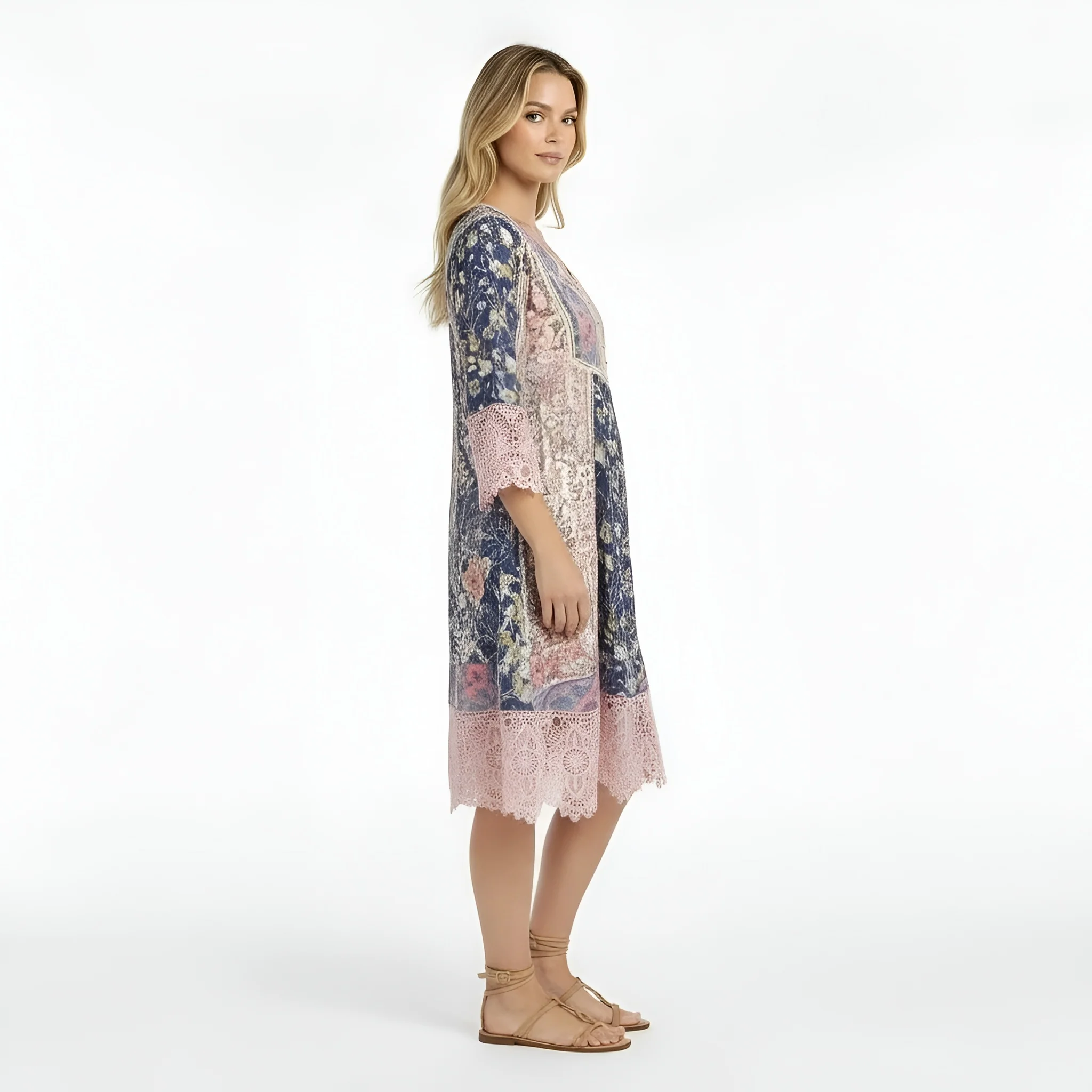 Vestito donna corto floreale manica lunga abito casual ampio scollo V boho - Image 2