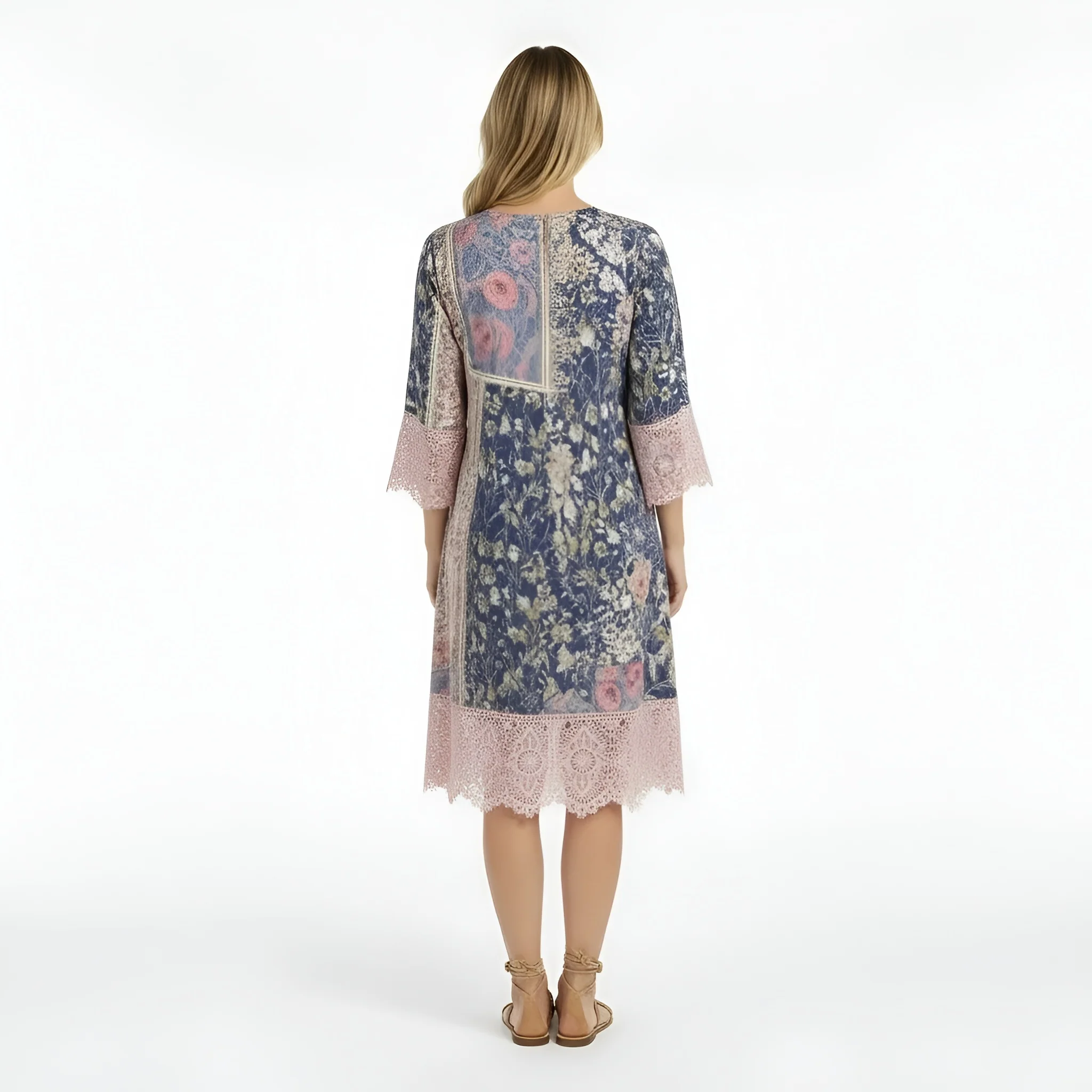 Vestito donna corto floreale manica lunga abito casual ampio scollo V boho - Image 3