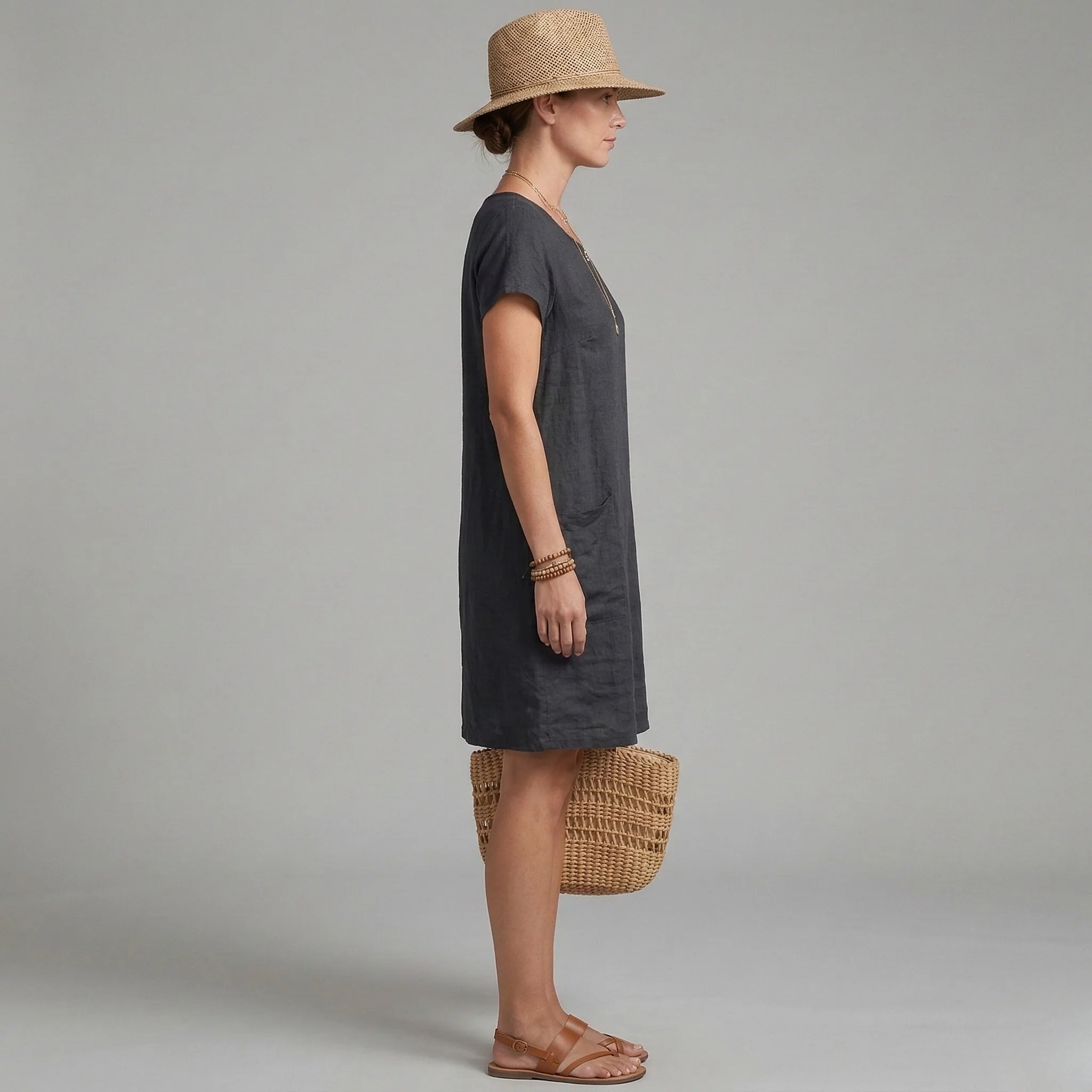 Vestito donna corto in lino maniche corte con tasche abito casual estivo donna - Image 2