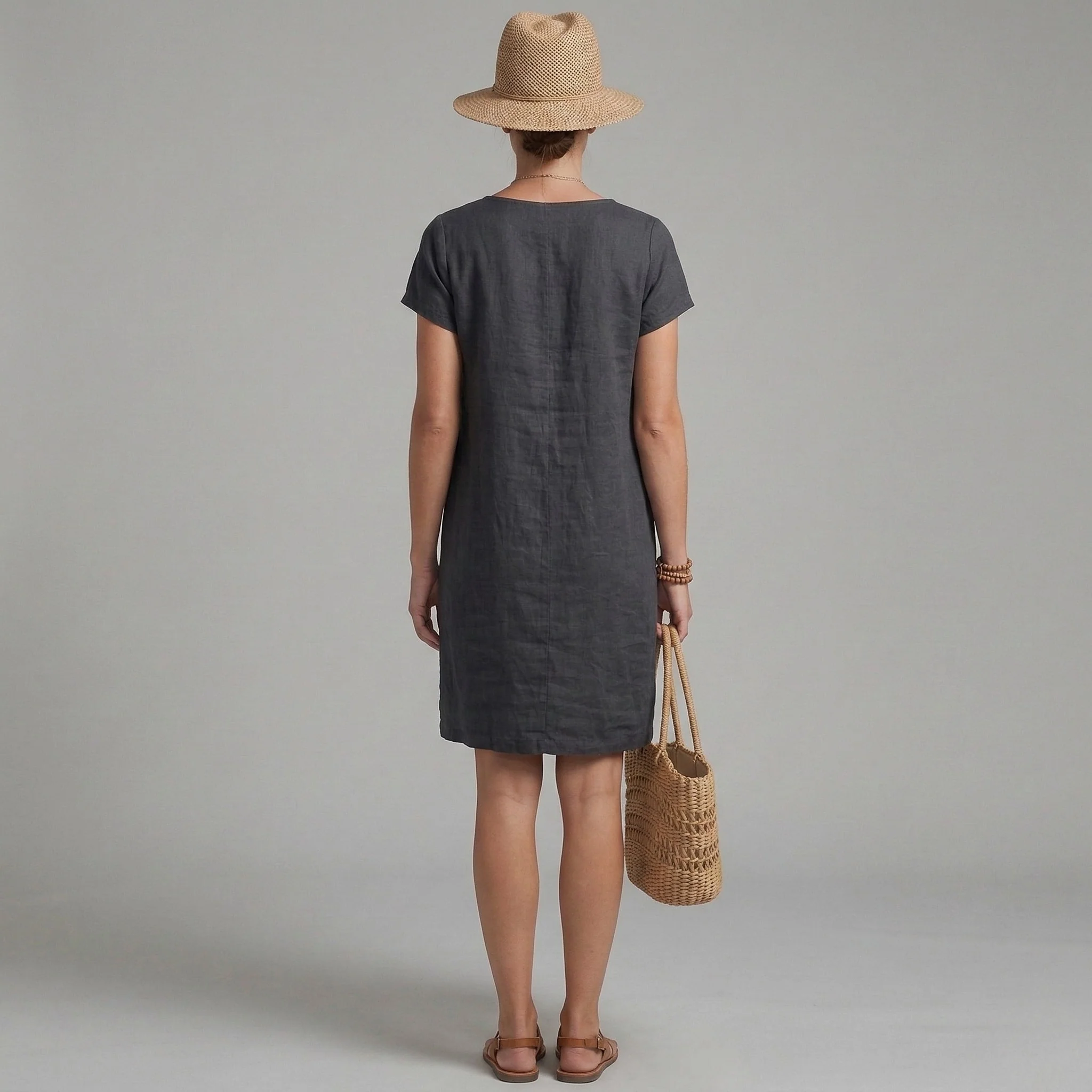 Vestito donna corto in lino maniche corte con tasche abito casual estivo donna - Image 3