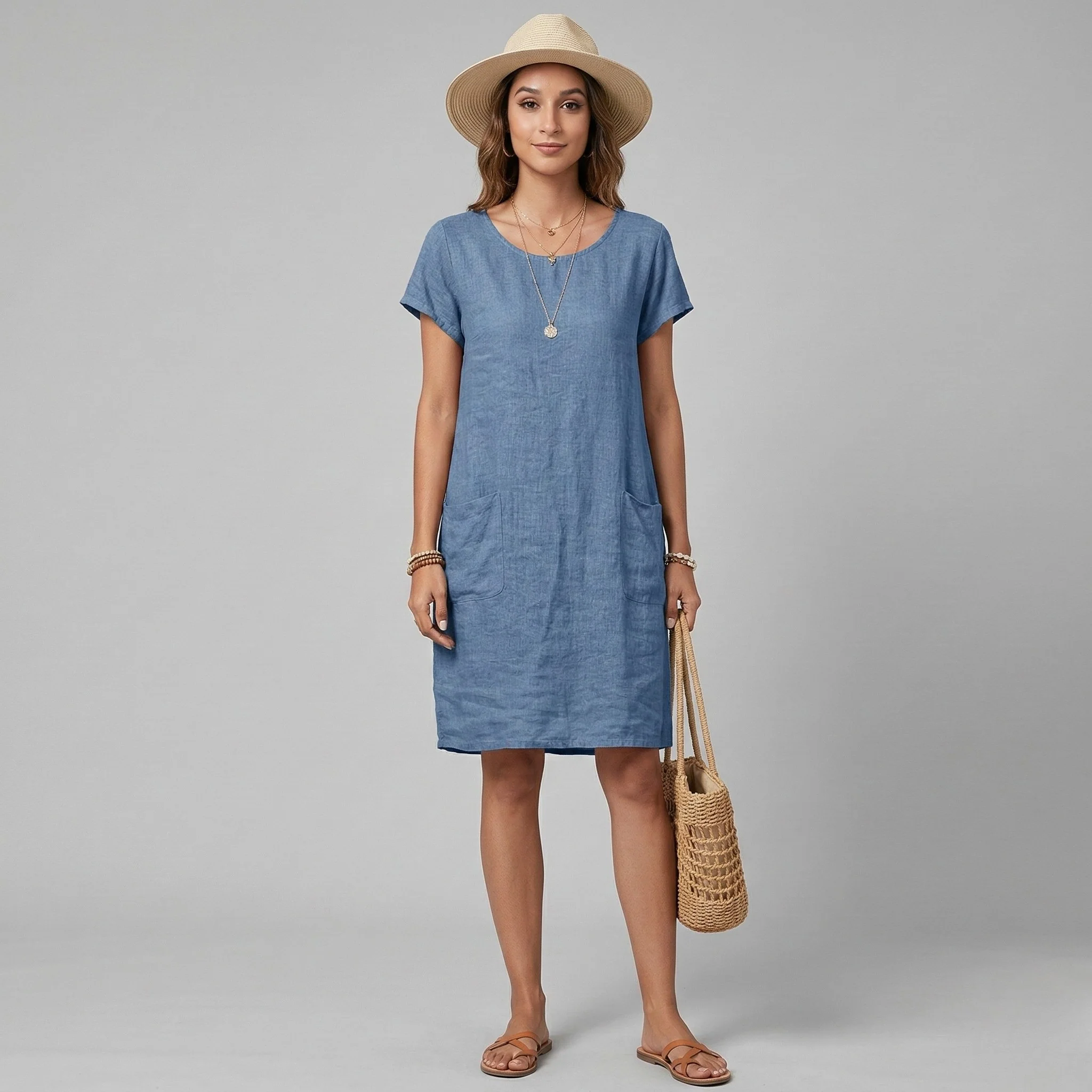 Vestito donna corto in lino maniche corte con tasche abito casual estivo donna - Image 4