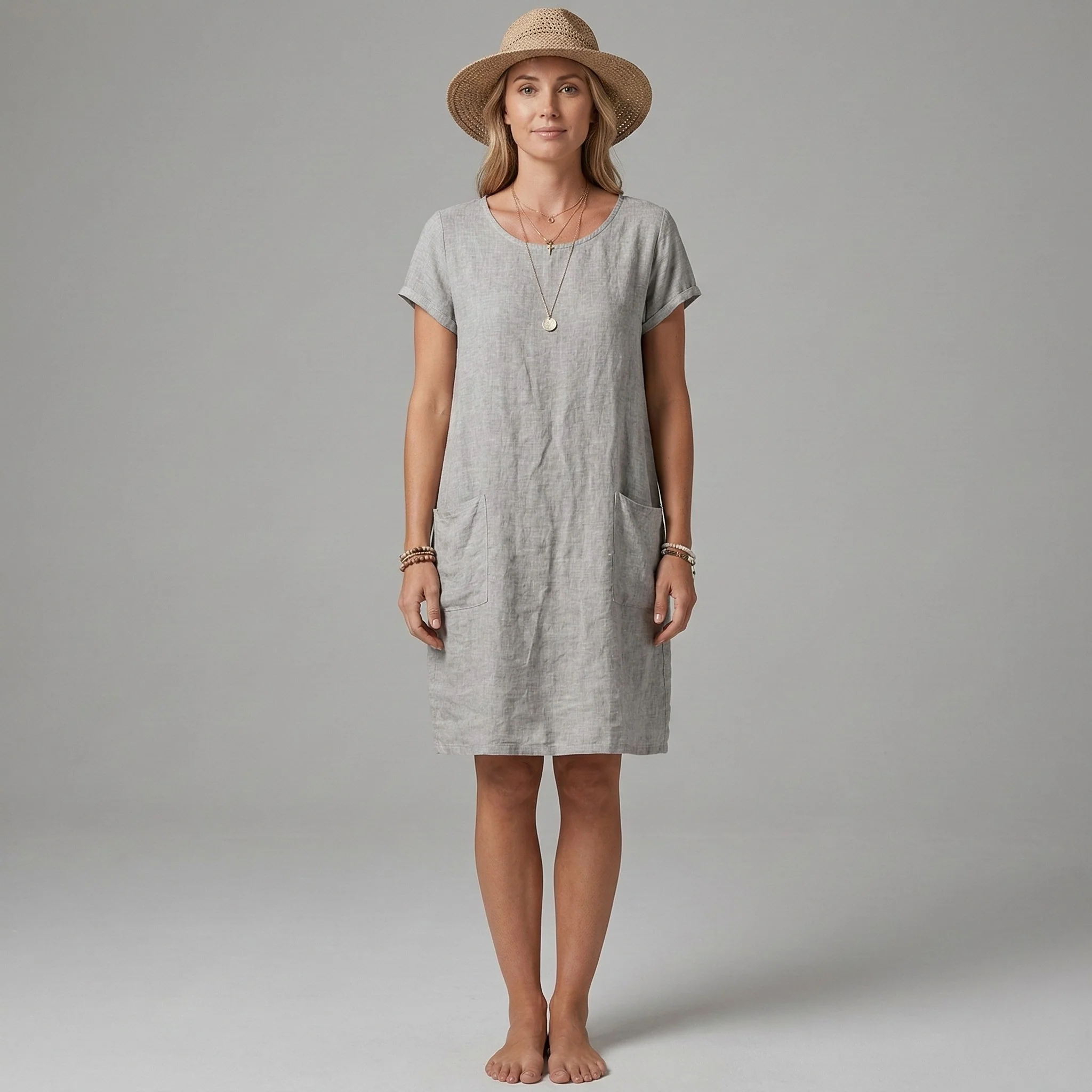 Vestito donna corto in lino maniche corte con tasche abito casual estivo donna - Image 5