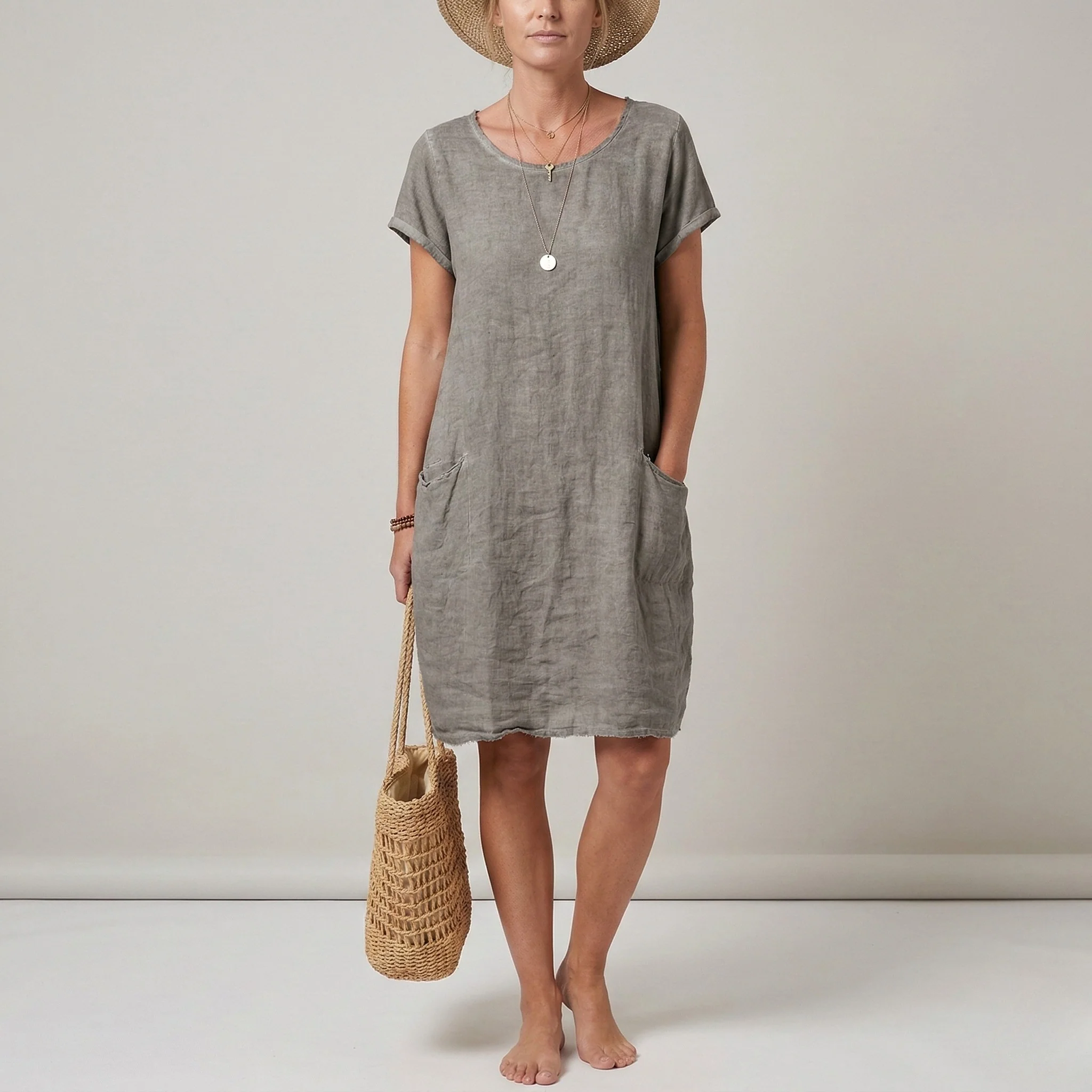 Vestito donna corto in lino maniche corte con tasche abito casual estivo donna - Image 6