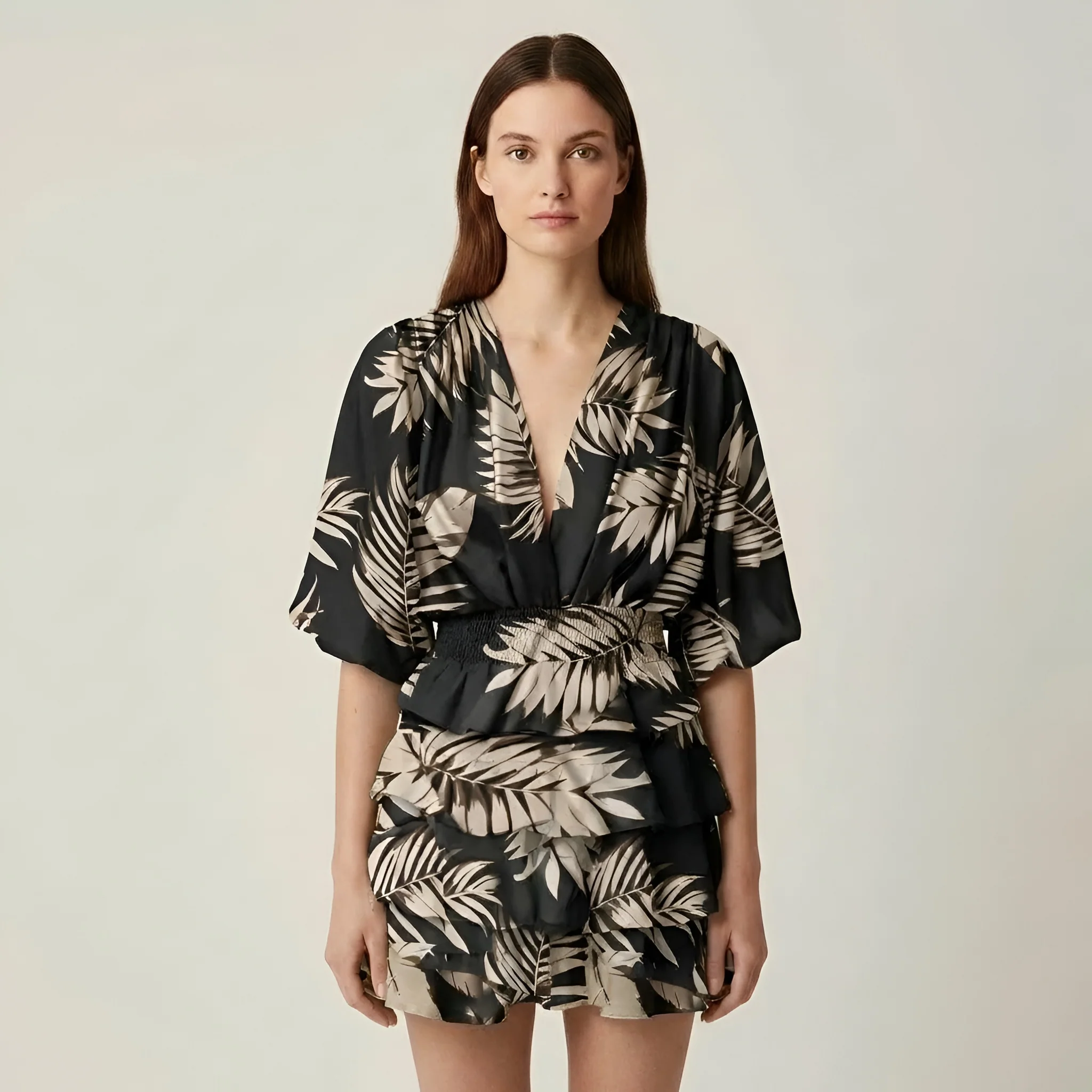 Vestito donna corto volant stampa floreale manica ampia scollo V abito estivo casual