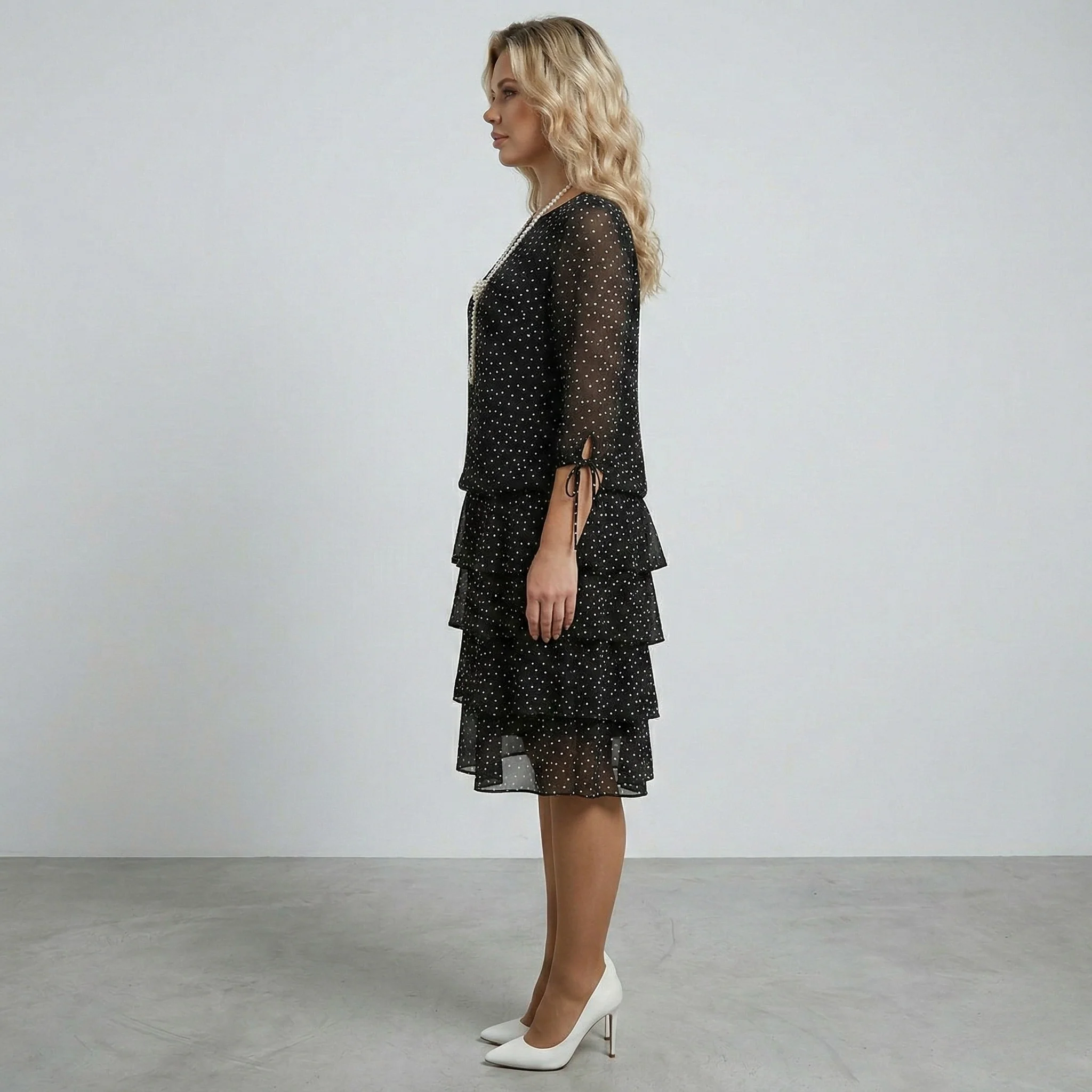 Vestito donna midi a pois con maniche 3/4 e gonna a balze elegante - Image 2
