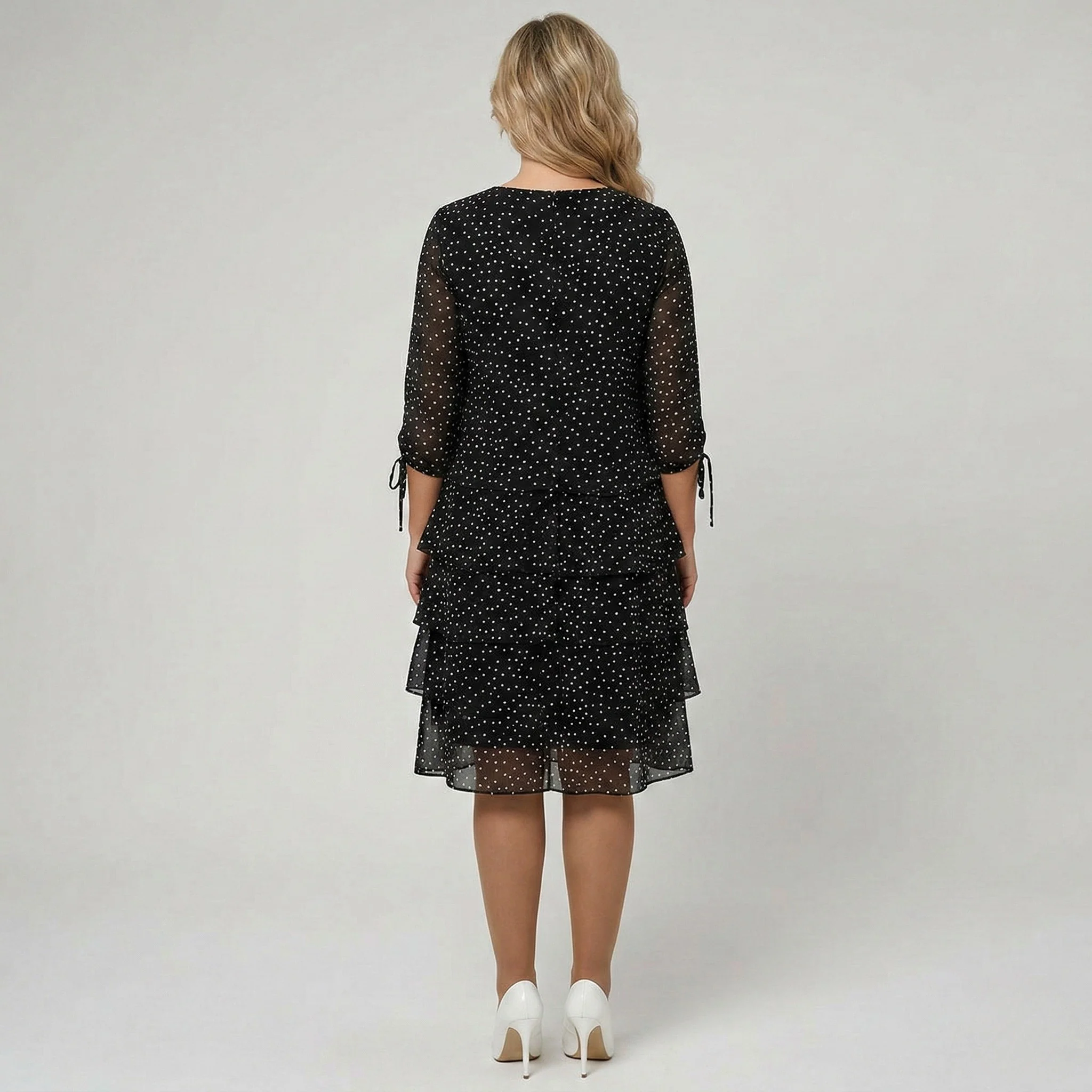 Vestito donna midi a pois con maniche 3/4 e gonna a balze elegante - Image 3