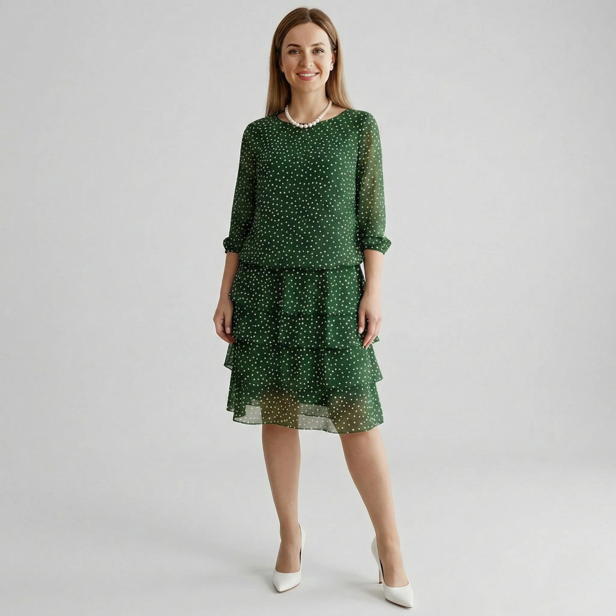Vestito donna midi a pois con maniche 3/4 e gonna a balze elegante - Image 4
