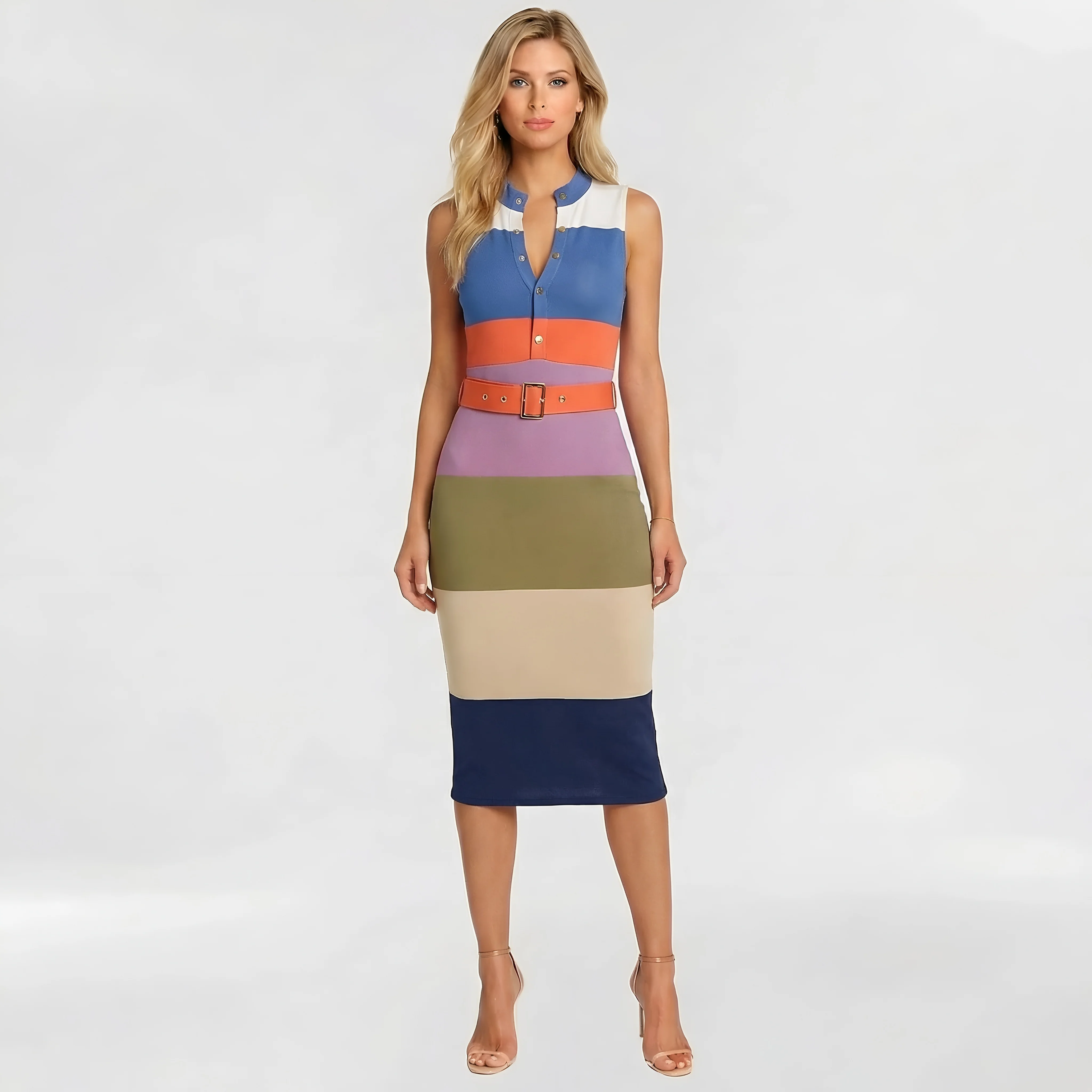 Vestito donna midi aderente senza maniche abito elegante slim fit con cintura