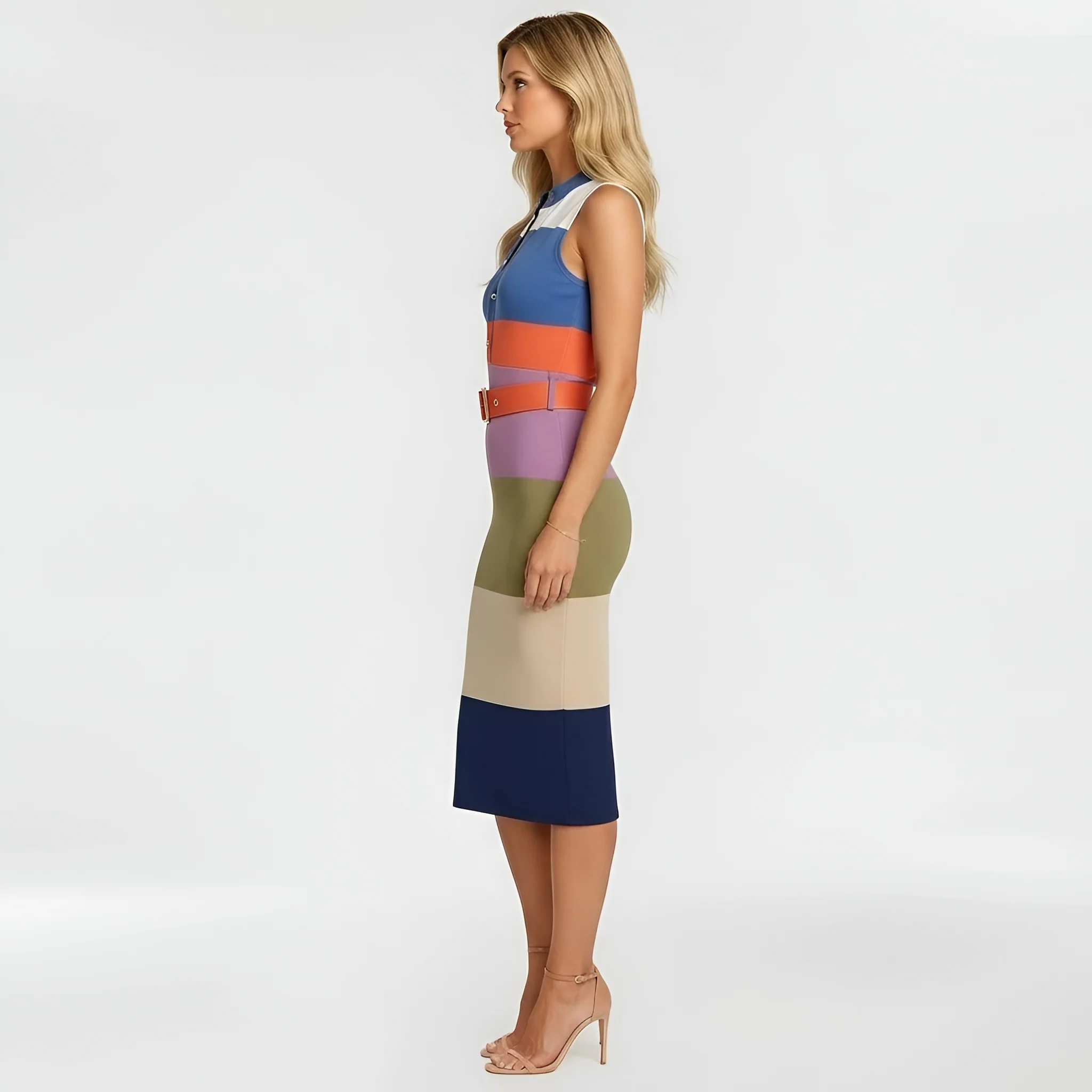 Vestito donna midi aderente senza maniche abito elegante slim fit con cintura - Image 2