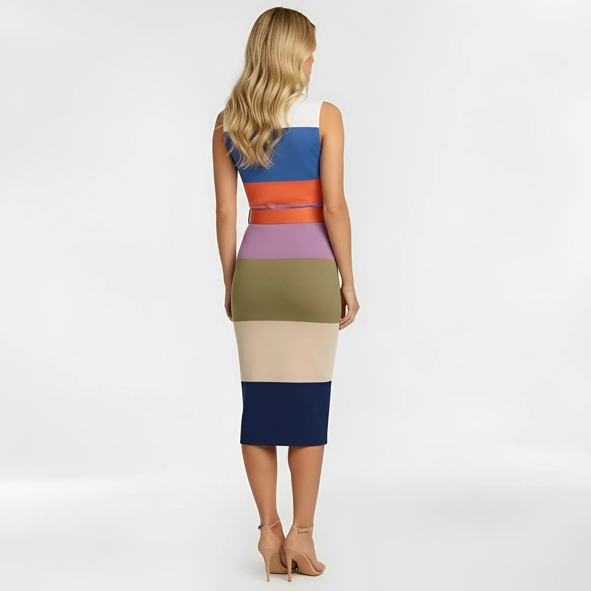 Vestito donna midi aderente senza maniche abito elegante slim fit con cintura - Image 3