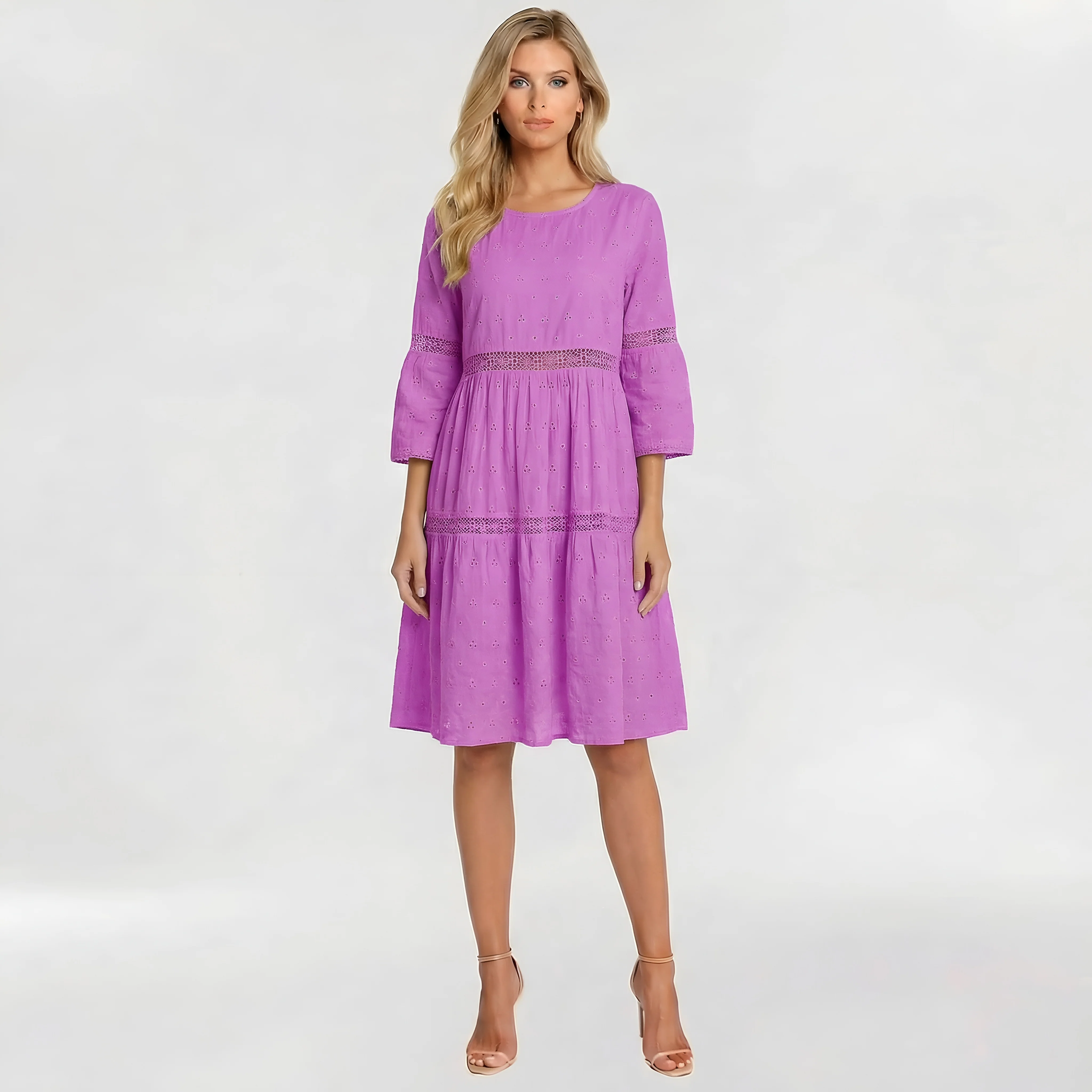 Vestito donna midi cotone maniche 3/4 ricamo sangallo casual estivo elegante - Image 4