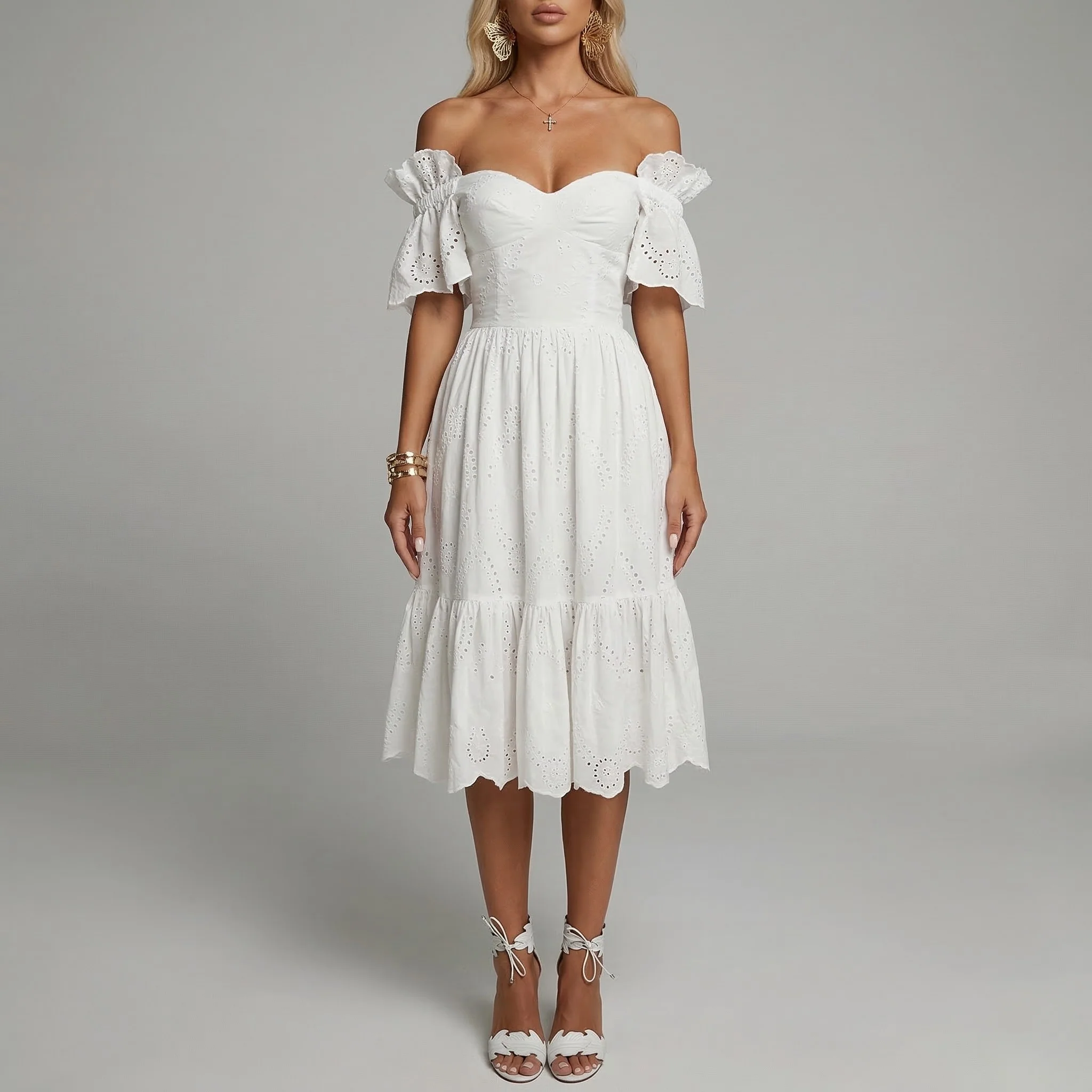 Vestito Donna Midi Cotone Sangallo Spalle Scoperte Abito Estivo Elegante
