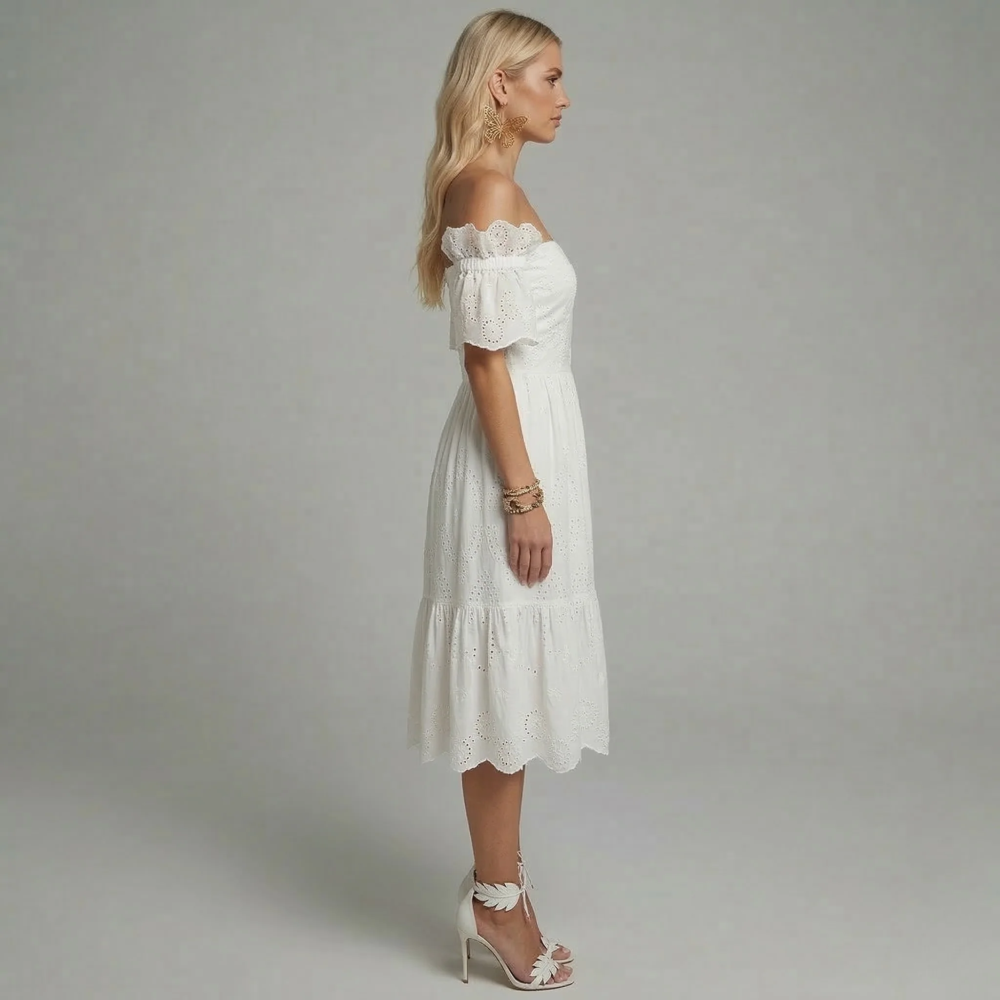 Vestito Donna Midi Cotone Sangallo Spalle Scoperte Abito Estivo Elegante - Image 2