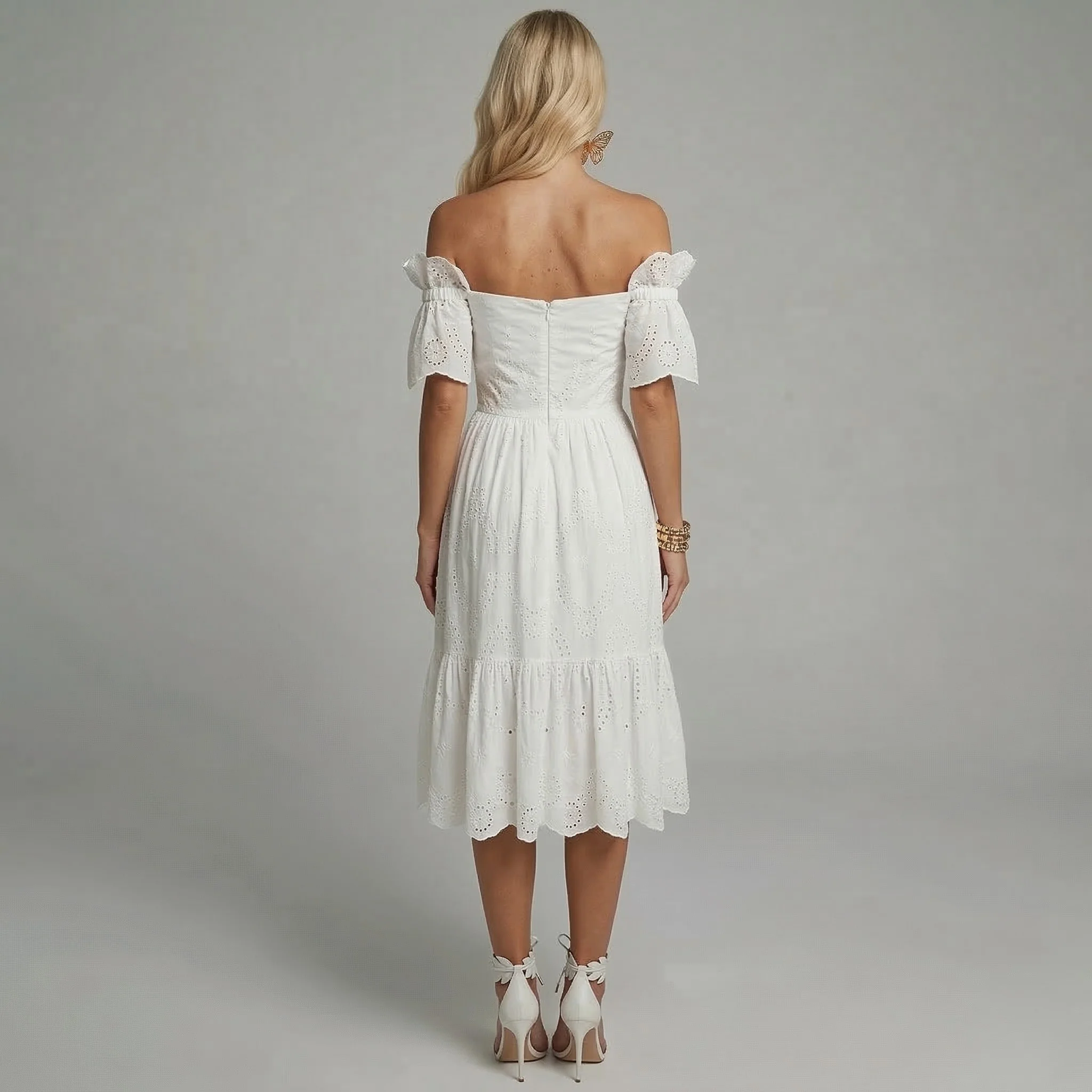 Vestito Donna Midi Cotone Sangallo Spalle Scoperte Abito Estivo Elegante - Image 3