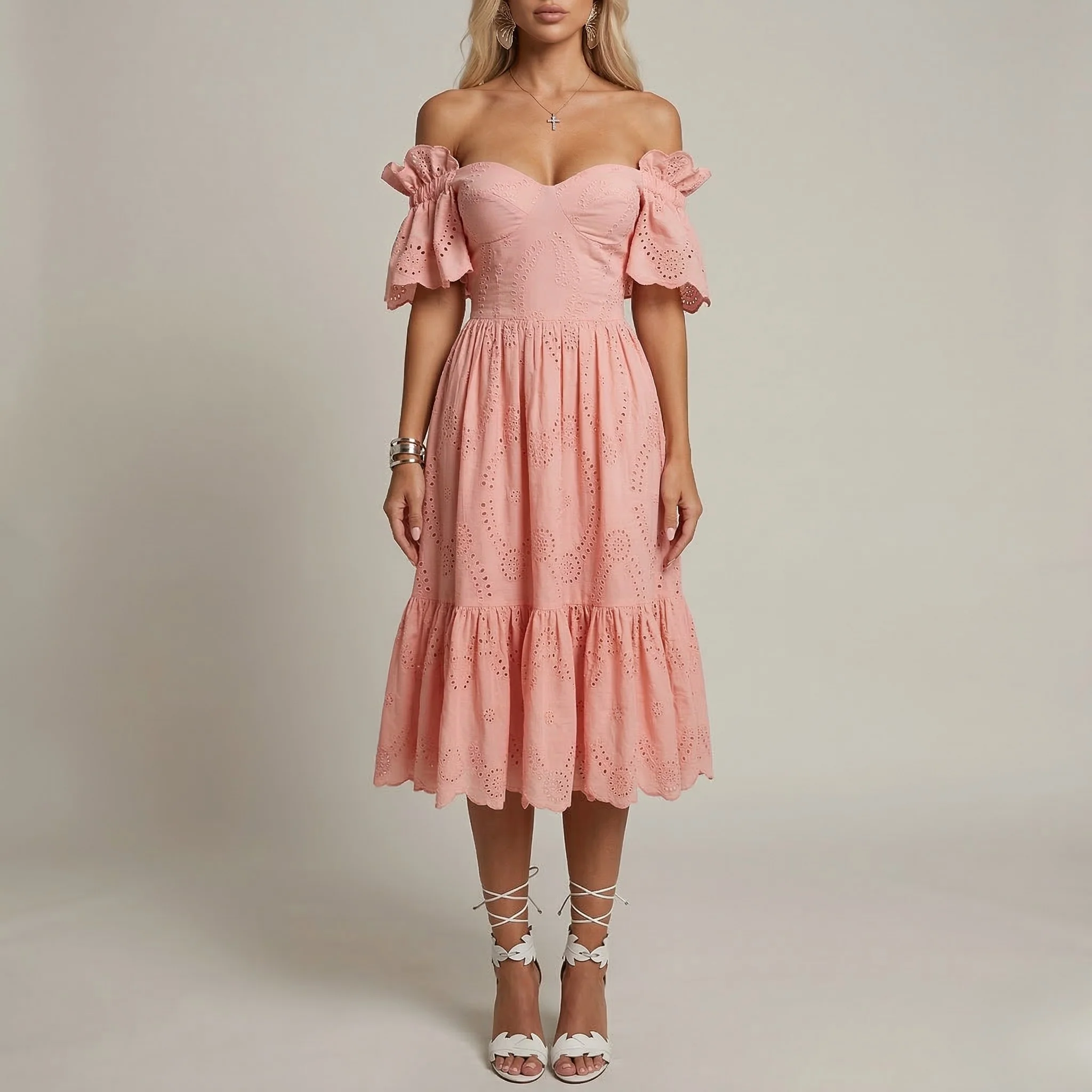 Vestito Donna Midi Cotone Sangallo Spalle Scoperte Abito Estivo Elegante - Image 4