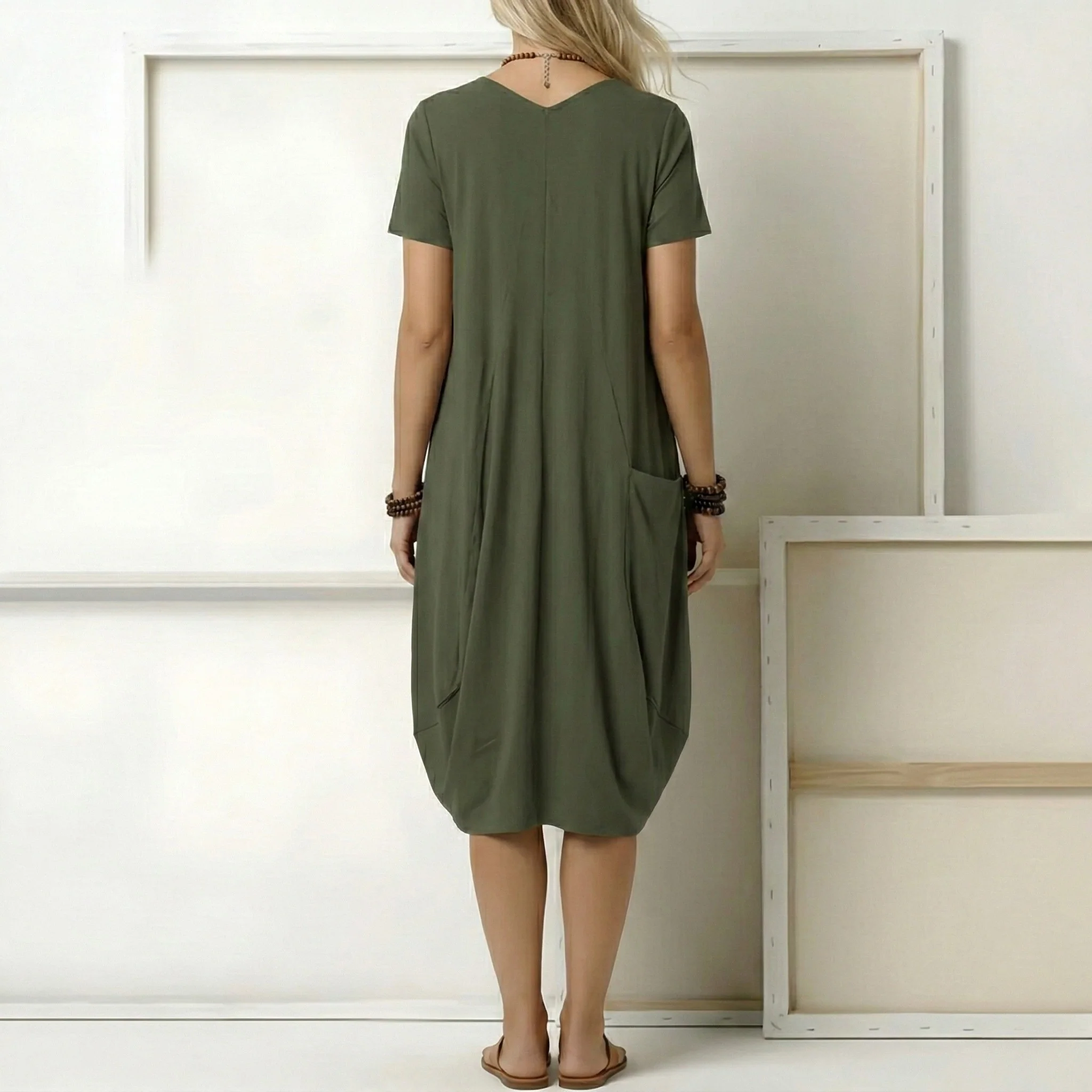 Vestito donna midi manica corta con tasche e scollo a V casual - Image 3