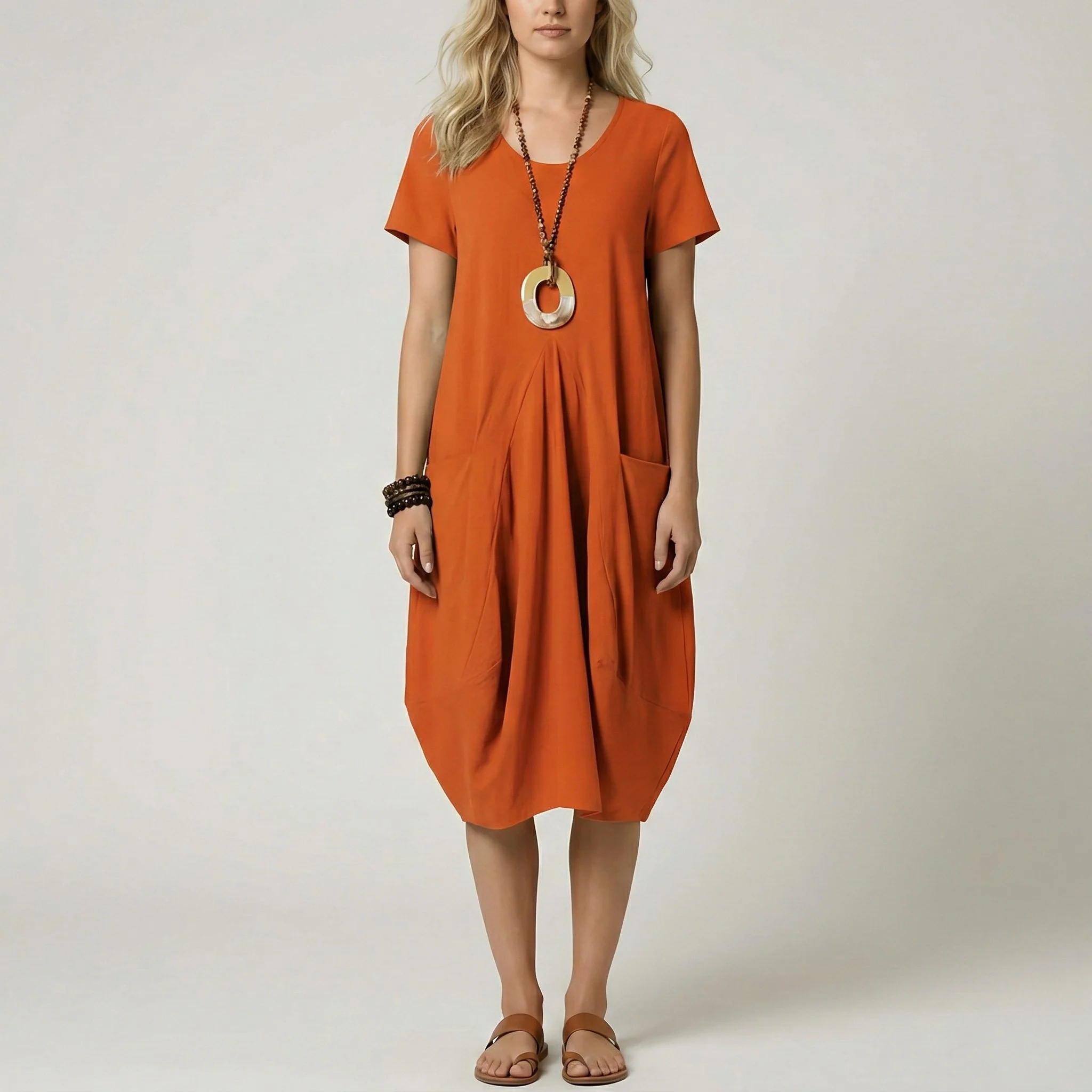 Vestito donna midi manica corta con tasche e scollo a V casual - Image 5