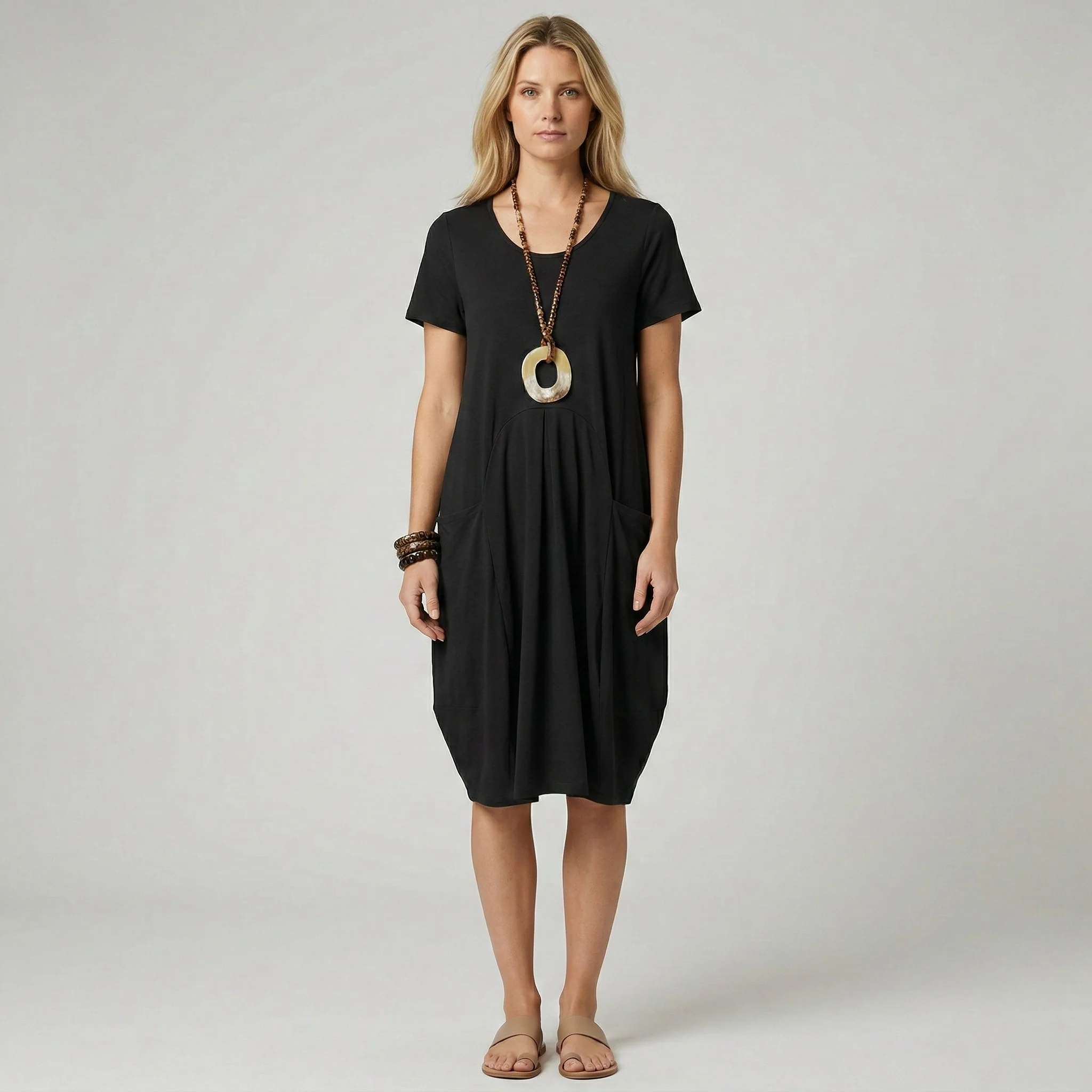 Vestito donna midi manica corta con tasche e scollo a V casual - Image 6