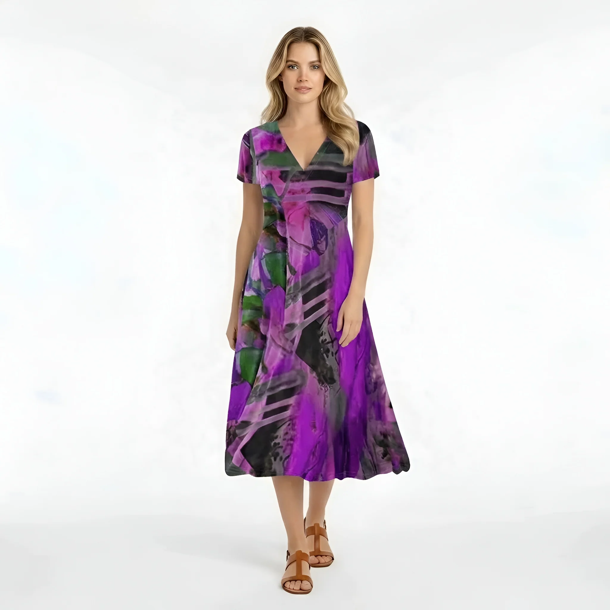 Vestito donna midi stampa astratta manica corta abito casual scollo V fluido