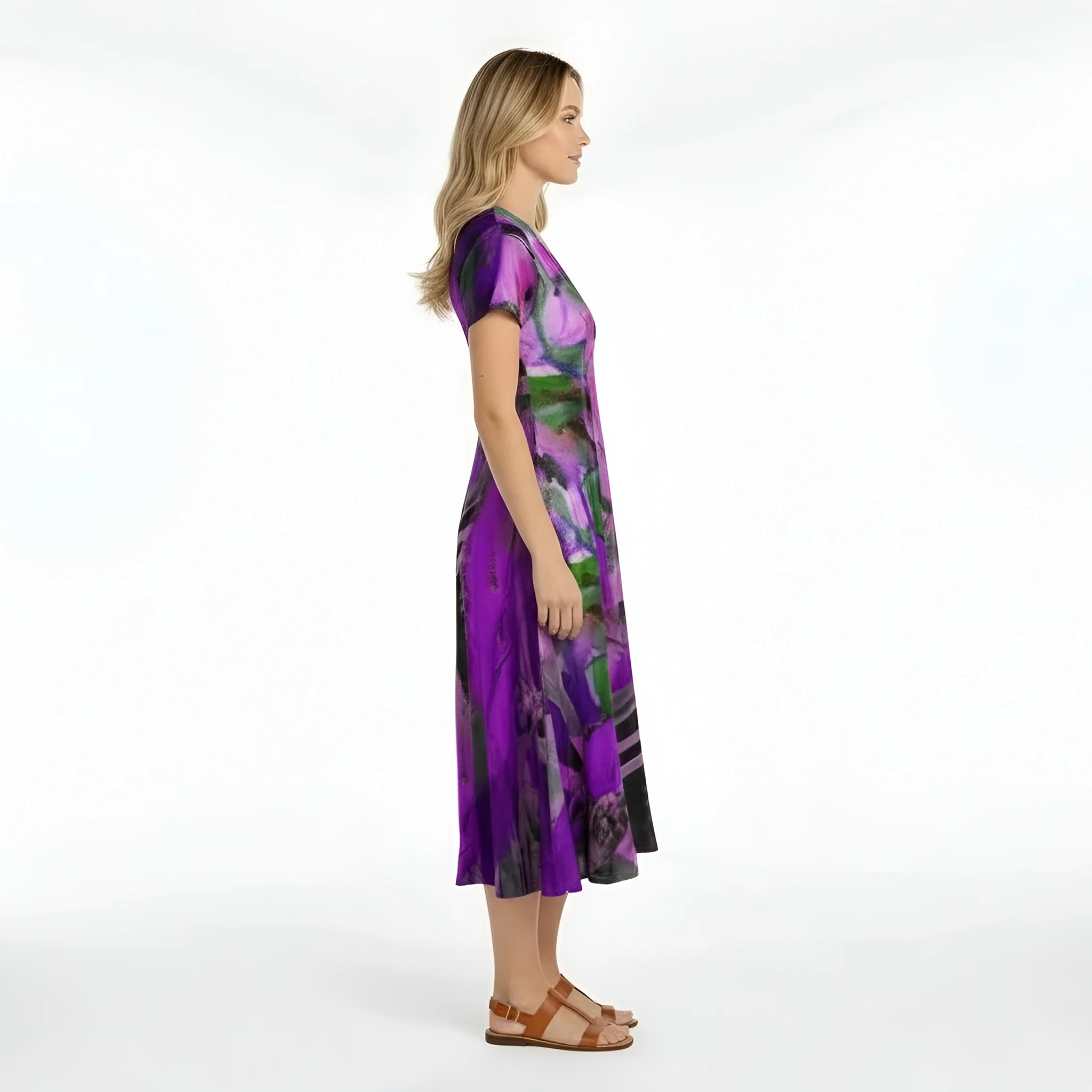 Vestito donna midi stampa astratta manica corta abito casual scollo V fluido - Image 2