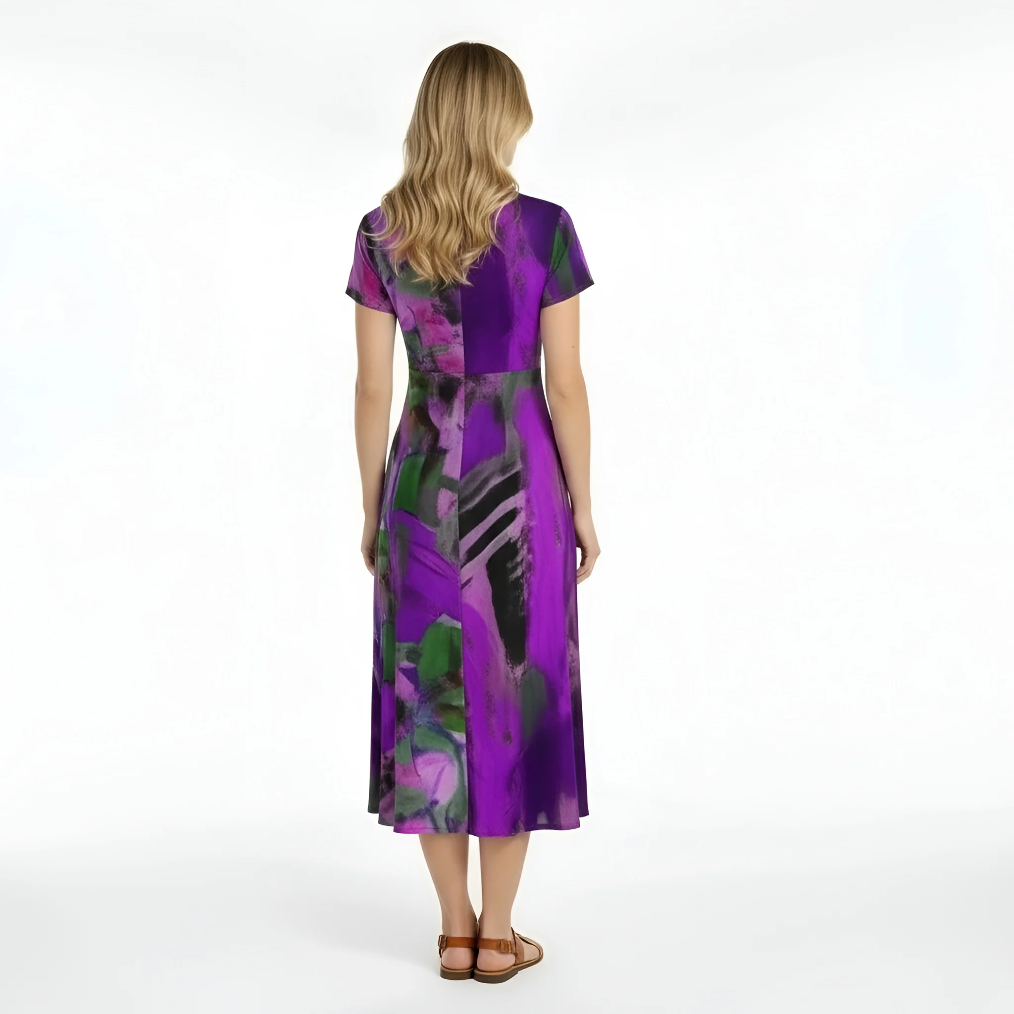 Vestito donna midi stampa astratta manica corta abito casual scollo V fluido - Image 3