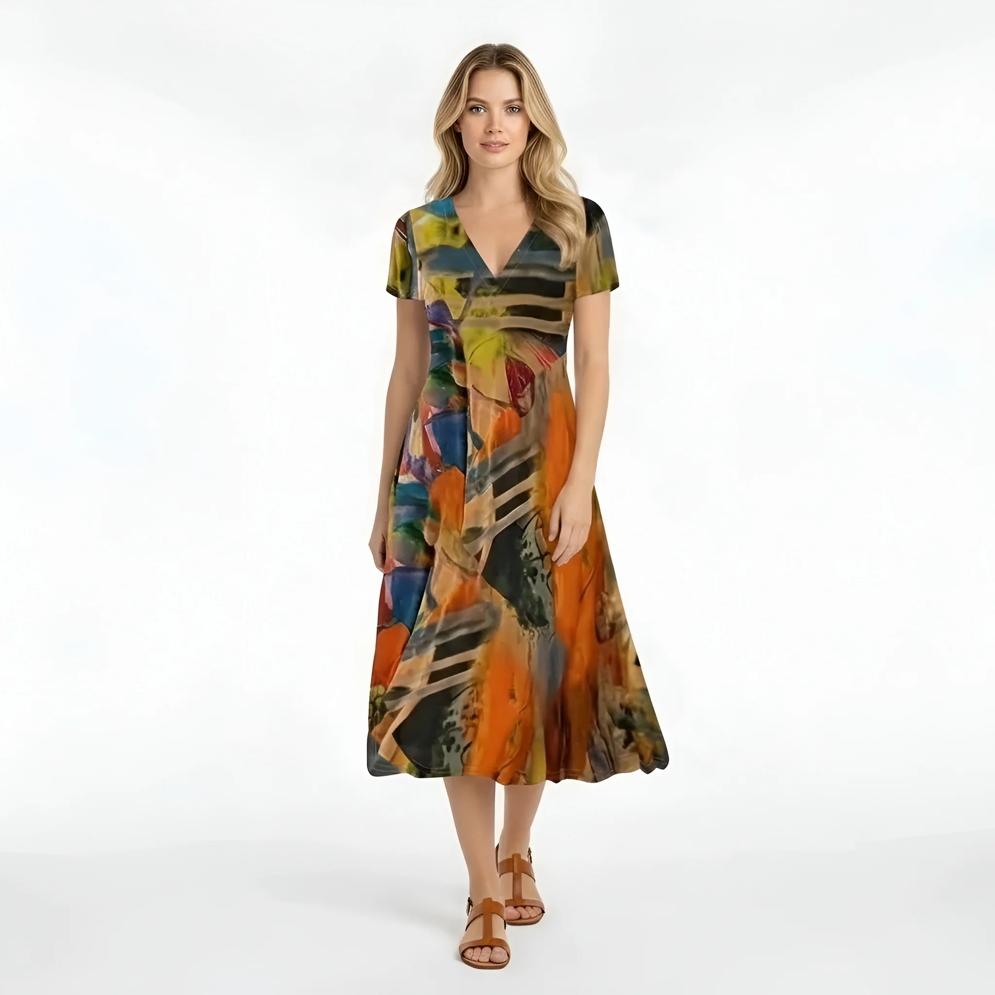 Vestito donna midi stampa astratta manica corta abito casual scollo V fluido - Image 4