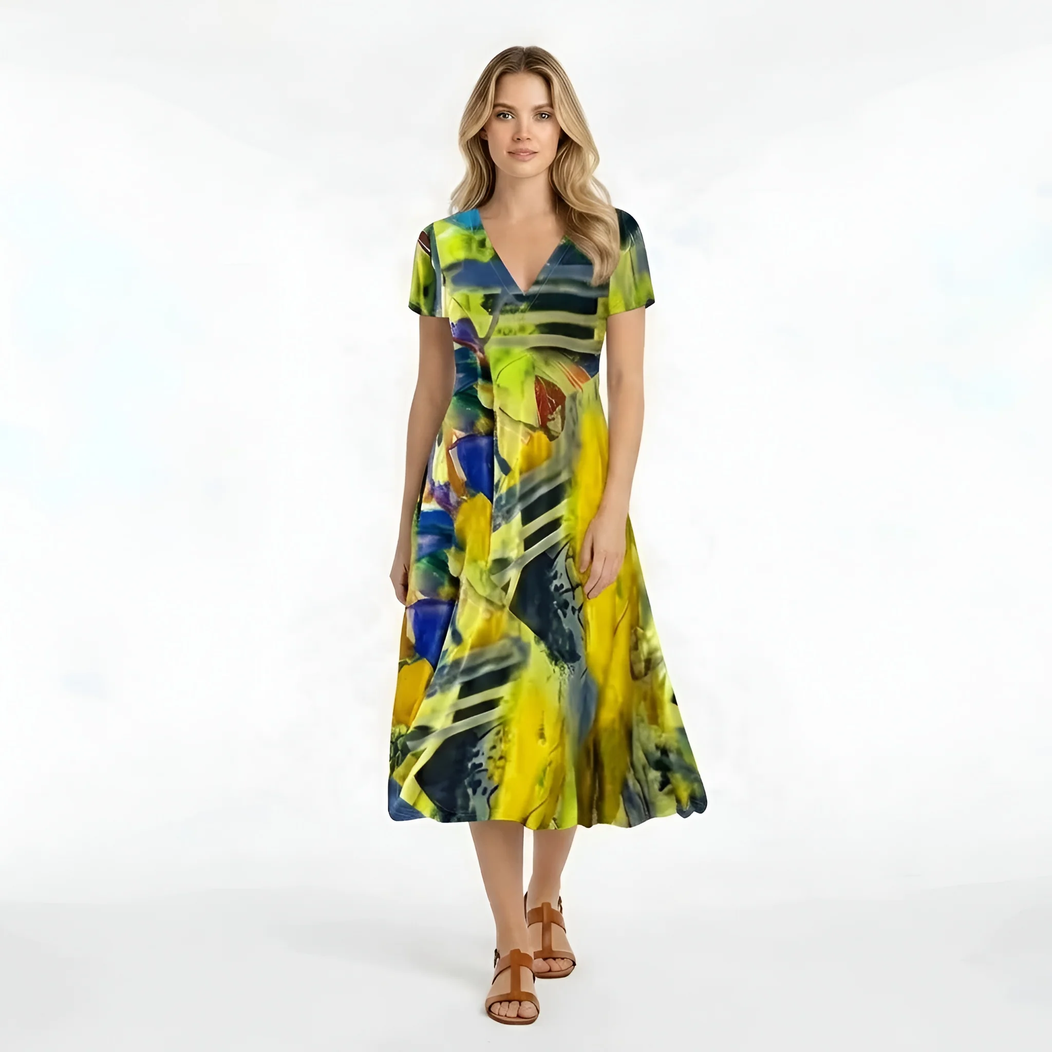 Vestito donna midi stampa astratta manica corta abito casual scollo V fluido - Image 5